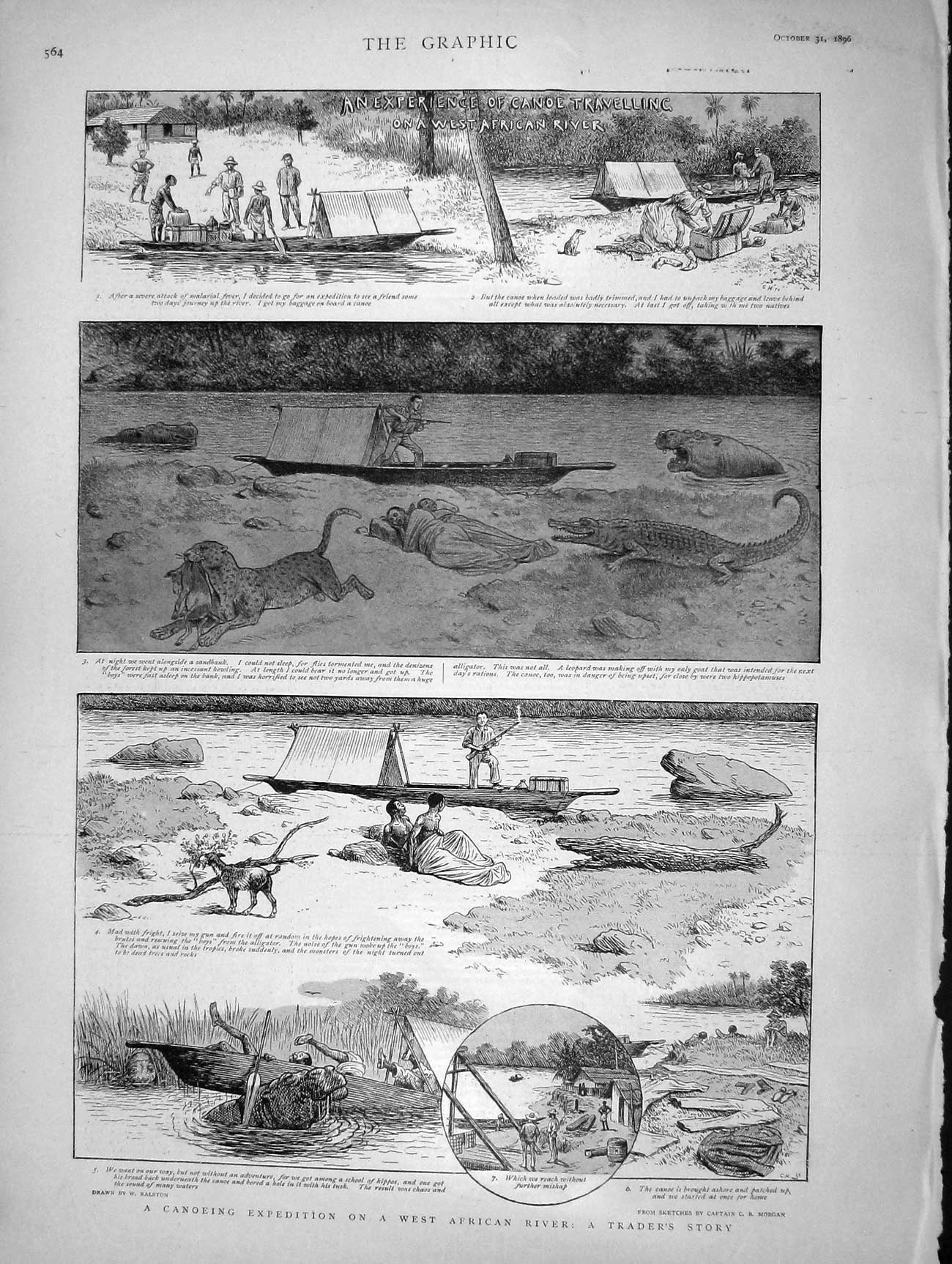 Original Old Antique Print 1896 Canoeing African River Rhinocerous Hunting 19th