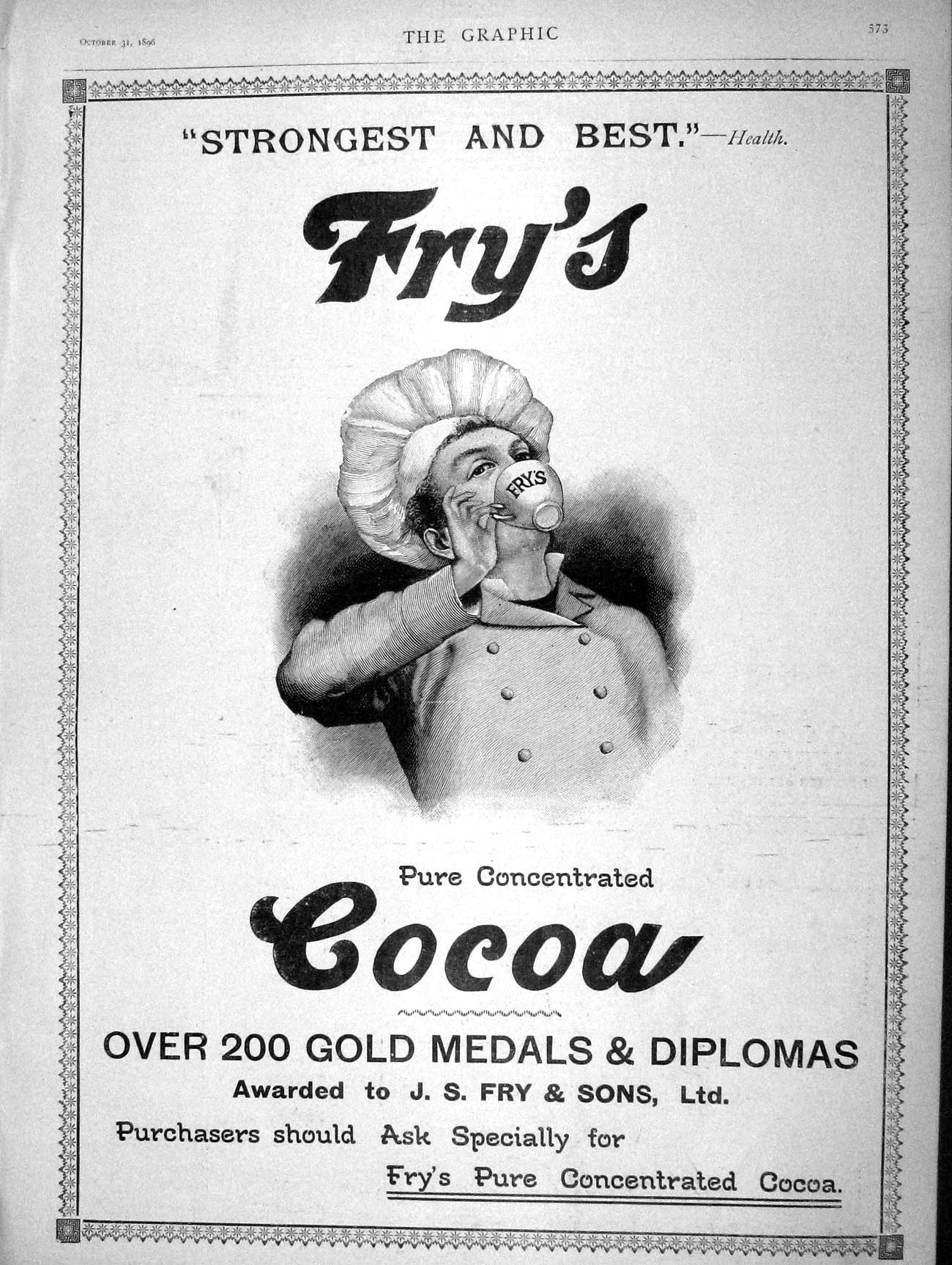 Original Old Antique Print 1896 Advertisement Fry'S Concentrated Cocoa Drink