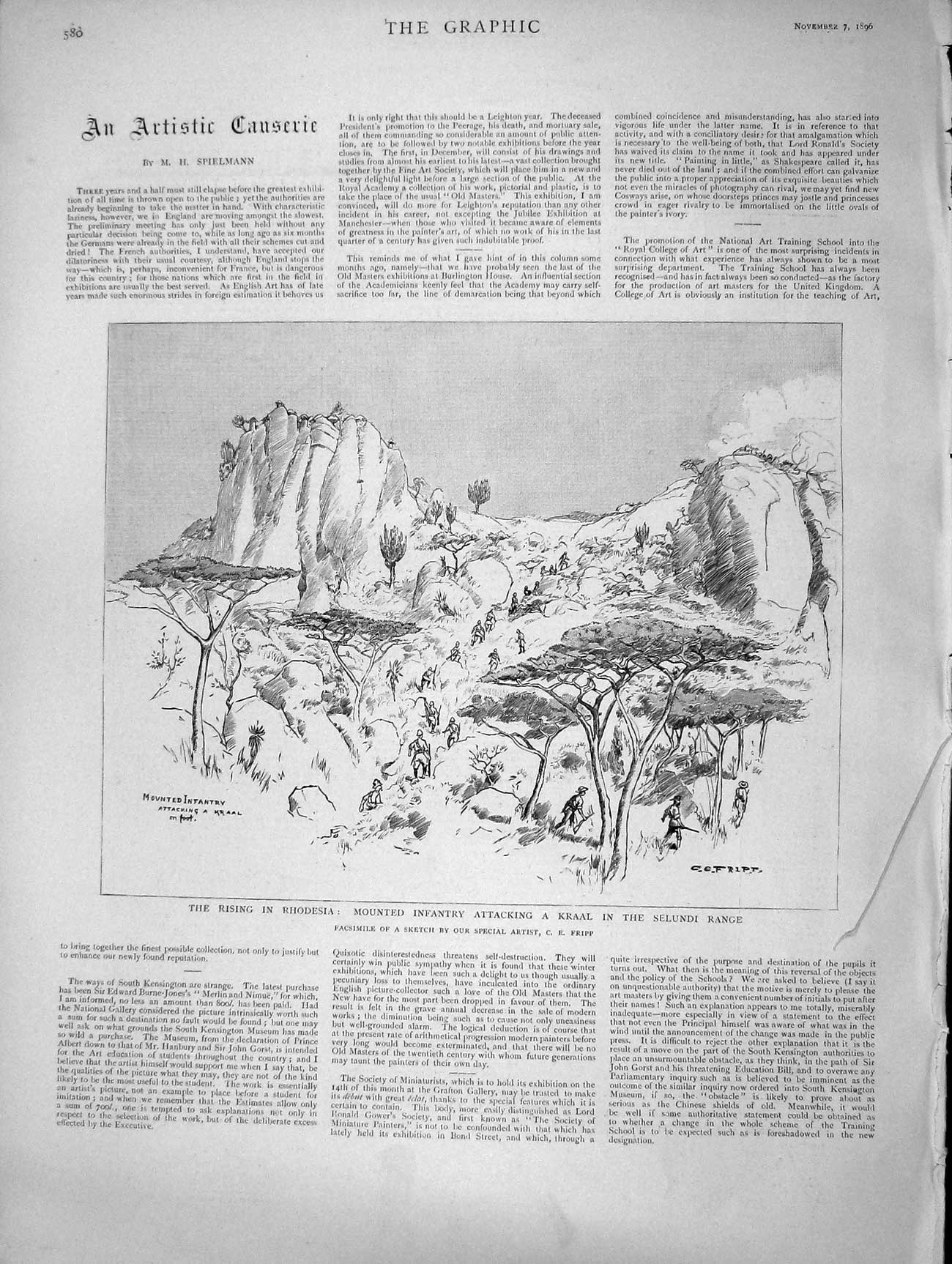 Old Antique Print 1896 Rhodesia Mounted Infantry Attacking Kraal Selundi 19th