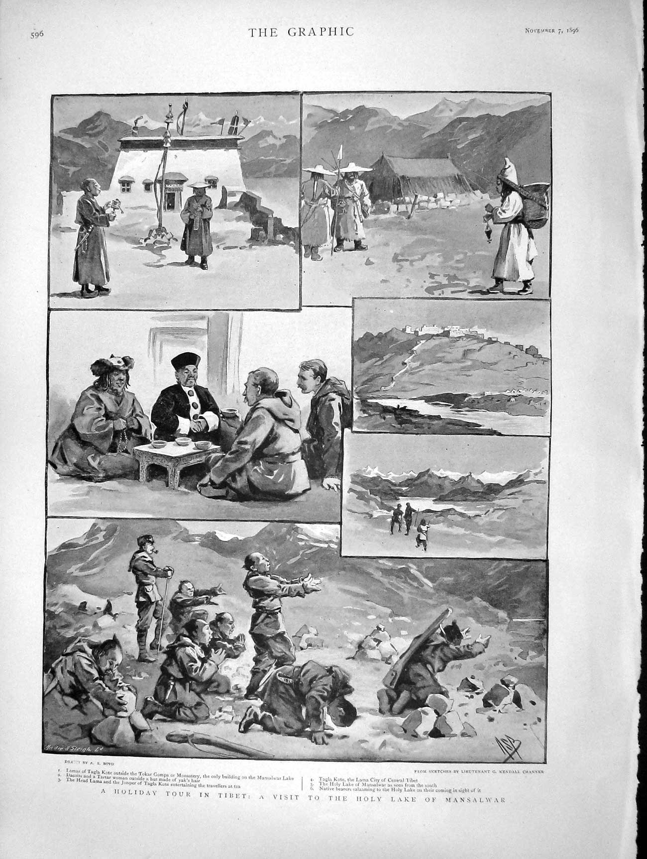 Original Old Antique Print 1896 Holiday Tibet Holy Lake Mansalwar Wedding Italy