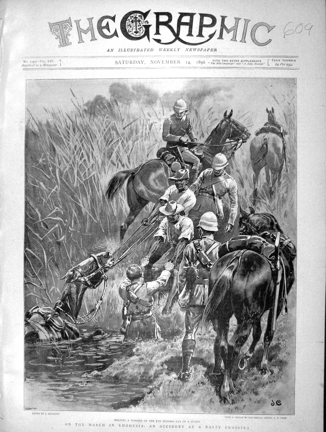 Original Old Antique Print 1896 Siers Rhodesia Africa Hussars Trooper Swamp War