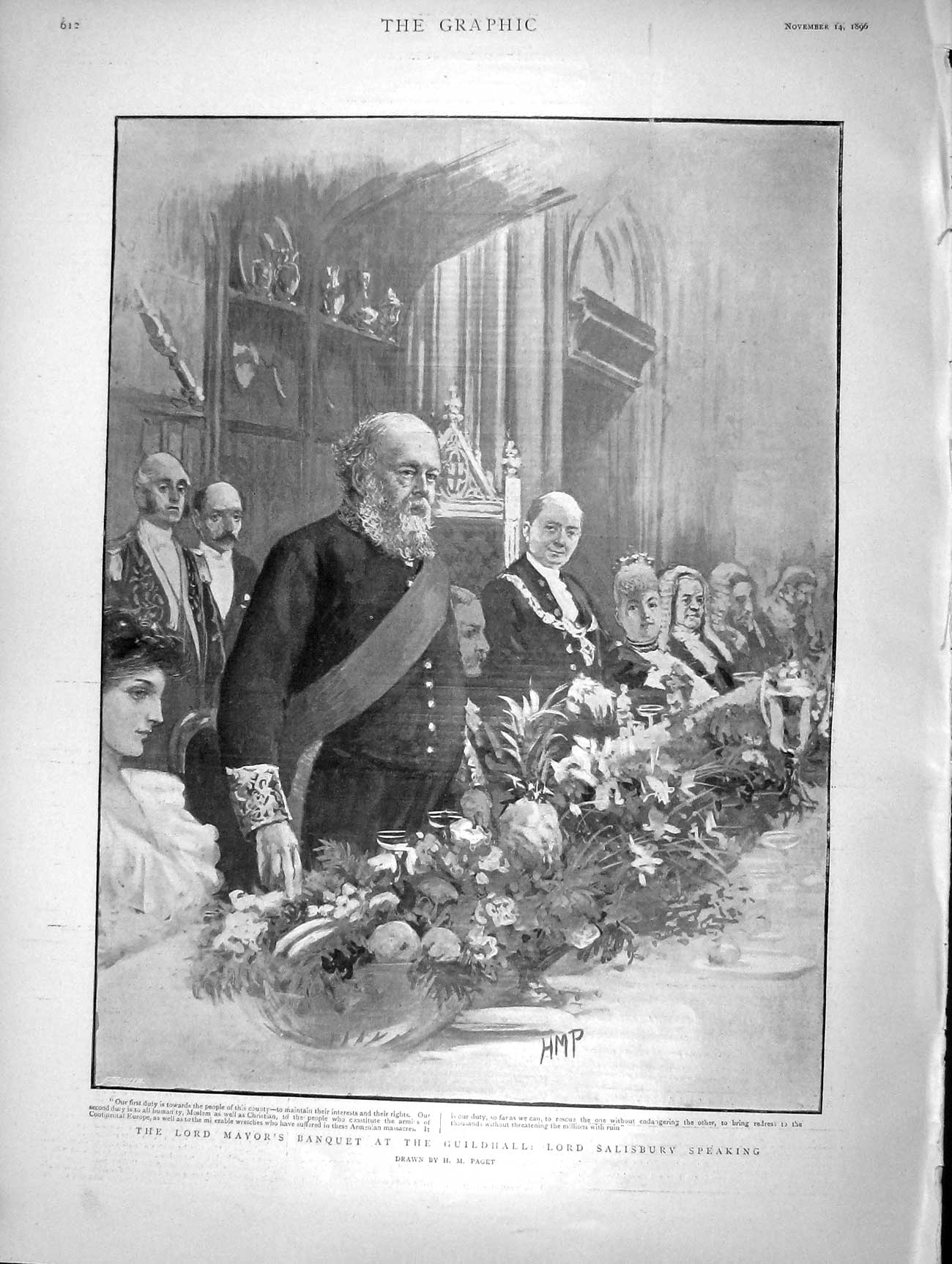 Original Old Antique Print 1896 Lord Mayor Banquet Guildhall Salisbury Speaking