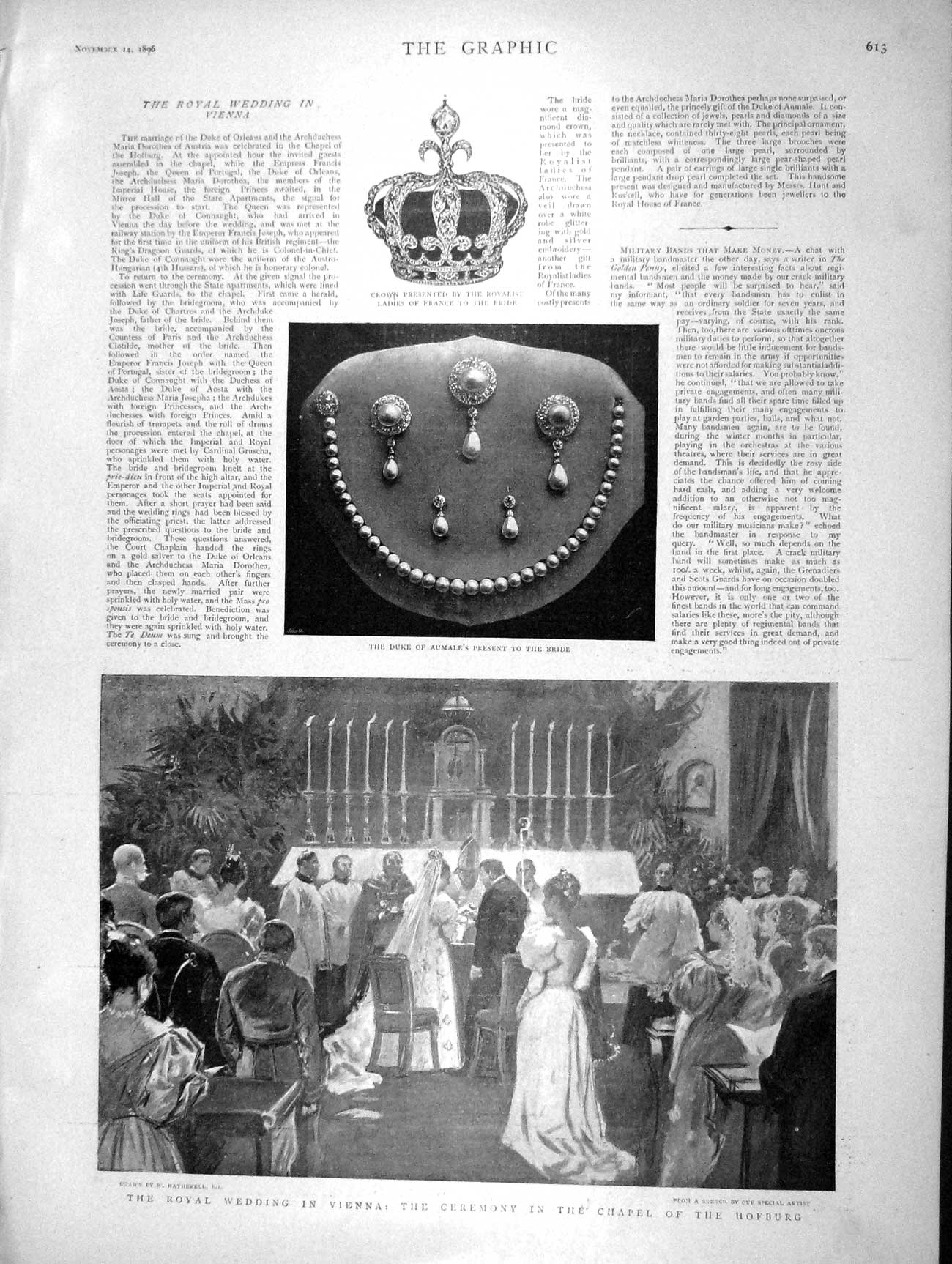 Original Old Antique Print 1896 Royal Wedding Vienna Chapel Hofburg Chartres