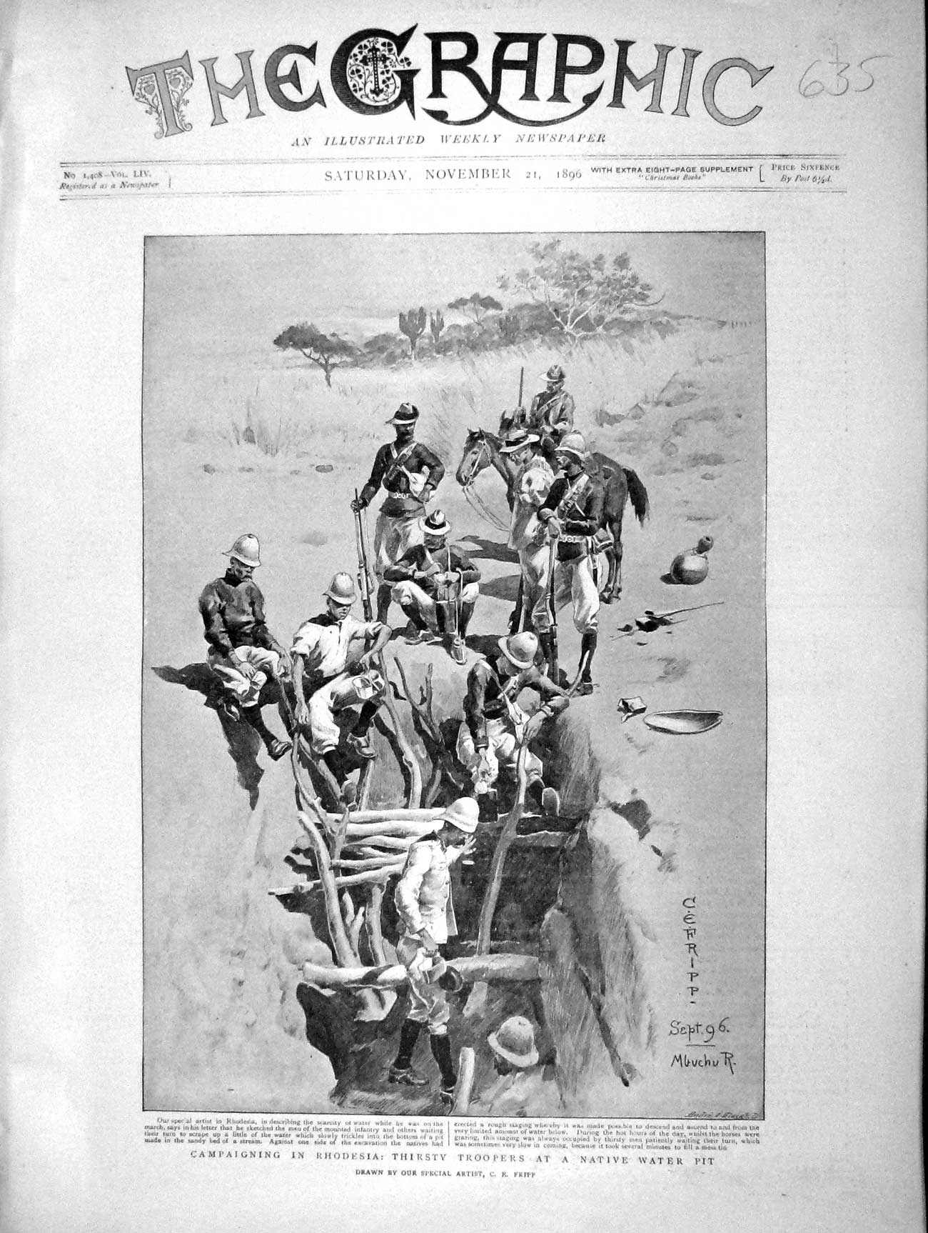 Original Old Antique Print 1896 Rhodesia Troopers Native Water Pit Africa War
