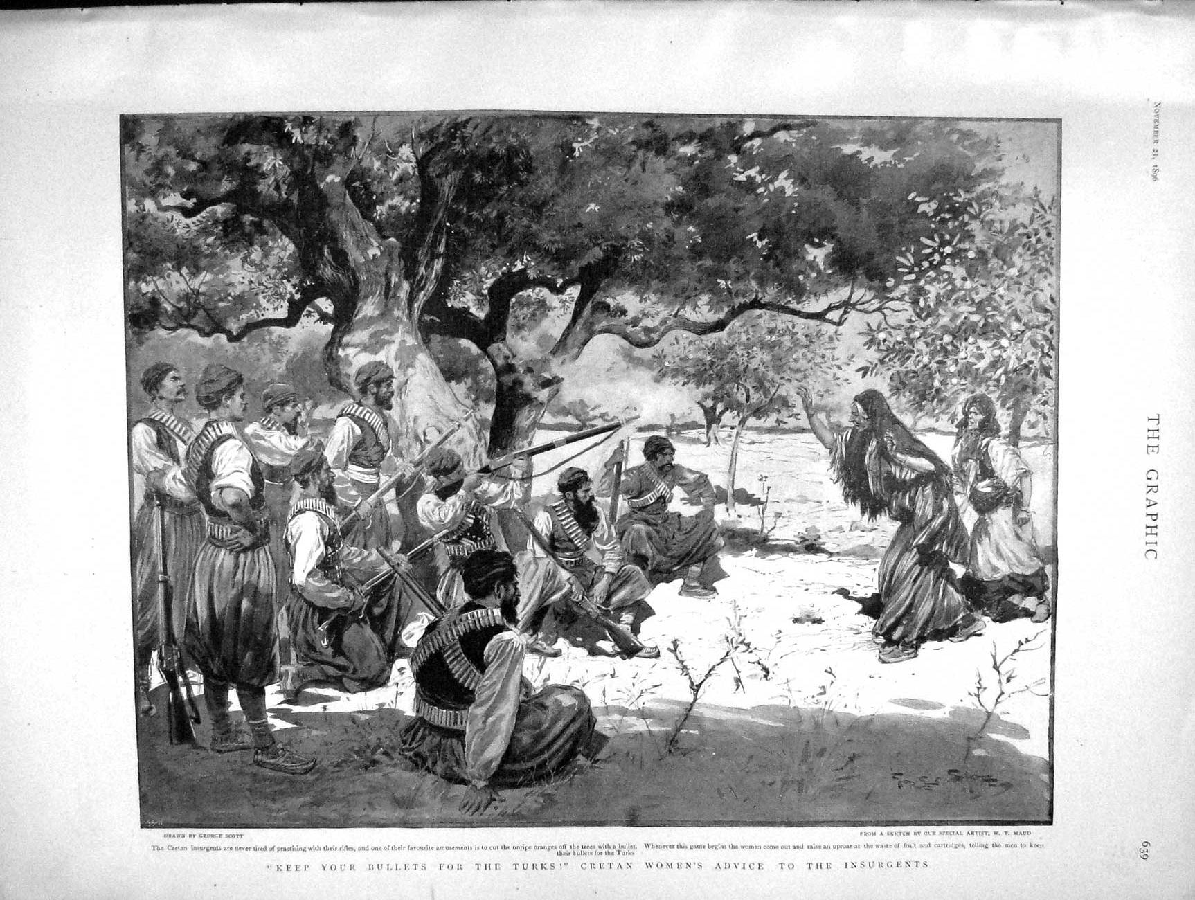 Original Old Antique Print 1896 Cretan Insurgents Amusement Shooting Orange 19th