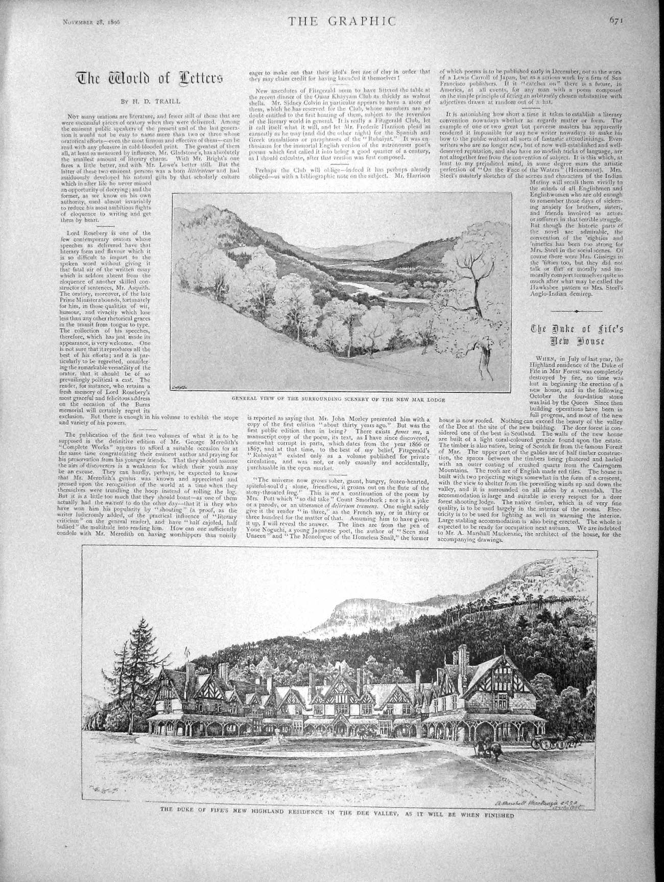 Old Antique Print 1896 Duke Fife Highland Residence Dee Valley Mar Lodge 19th