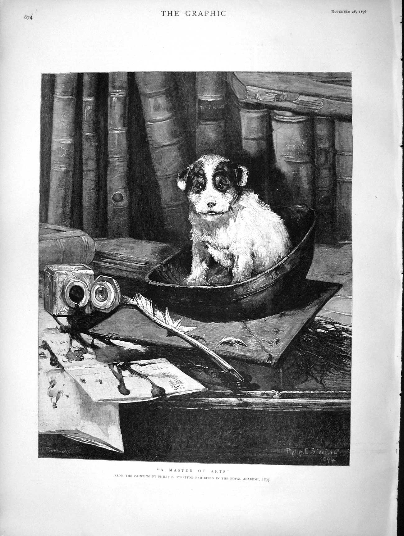 Original Old Antique Print 1896 Master Arts Puppy Dog Writing Desk F Victorian