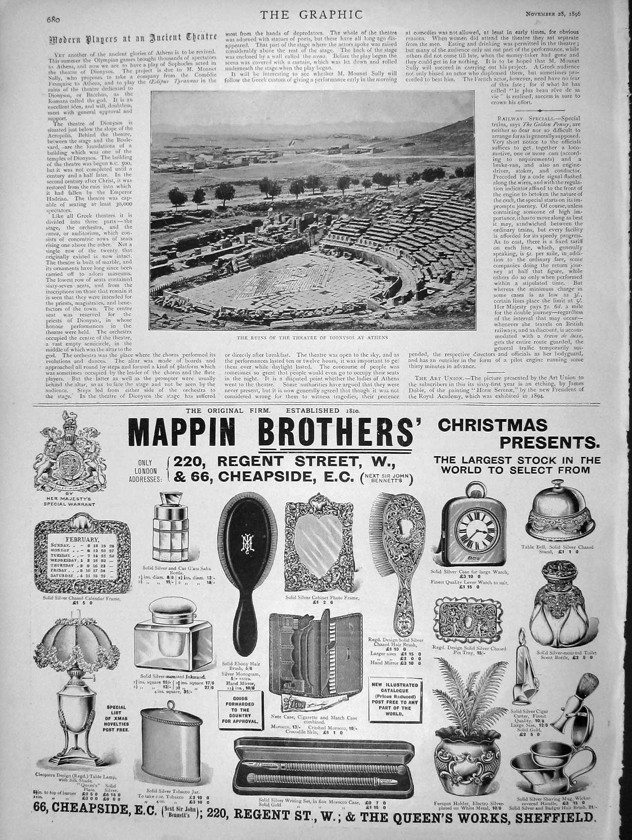 Original Old Antique Print 1896 Ruins Theatre Dionysos Athens Mappin Brothers