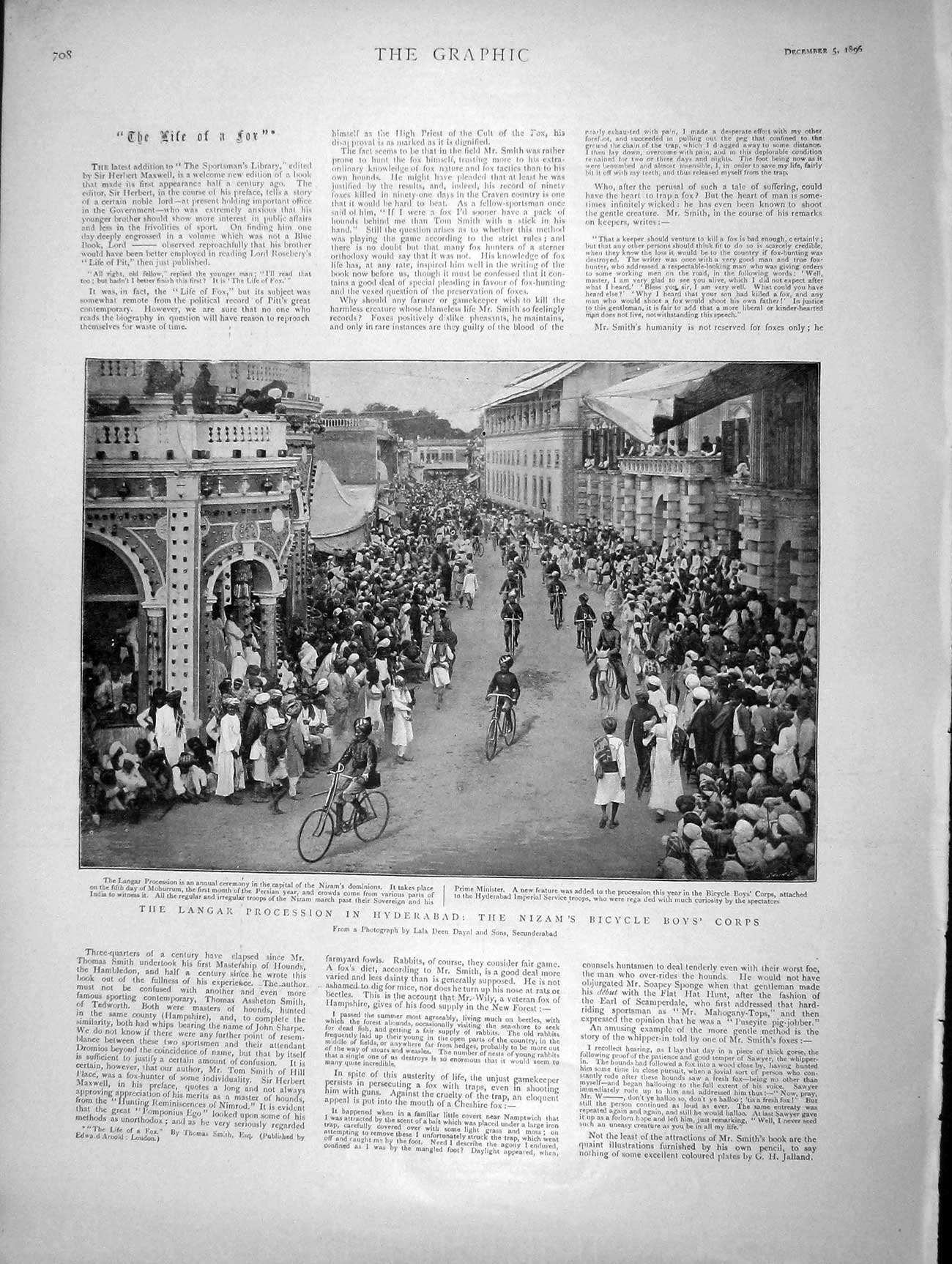 Original Old Antique Print 1896 Langar Procession Hyderabad Nizam Bicycle Boys