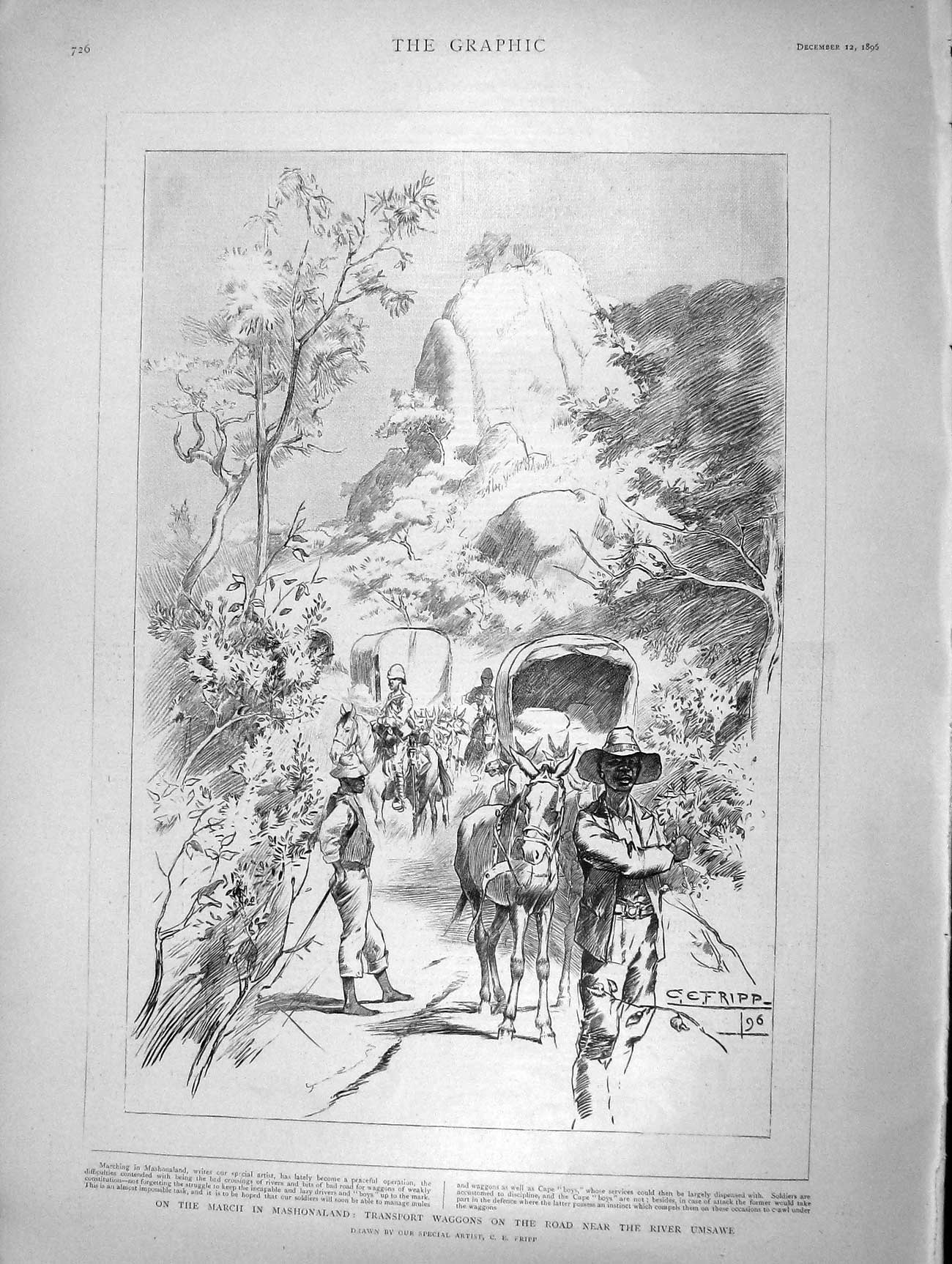 Original Old Antique Print 1896 Mashonaland Transport Waggon River Umsawe 19th