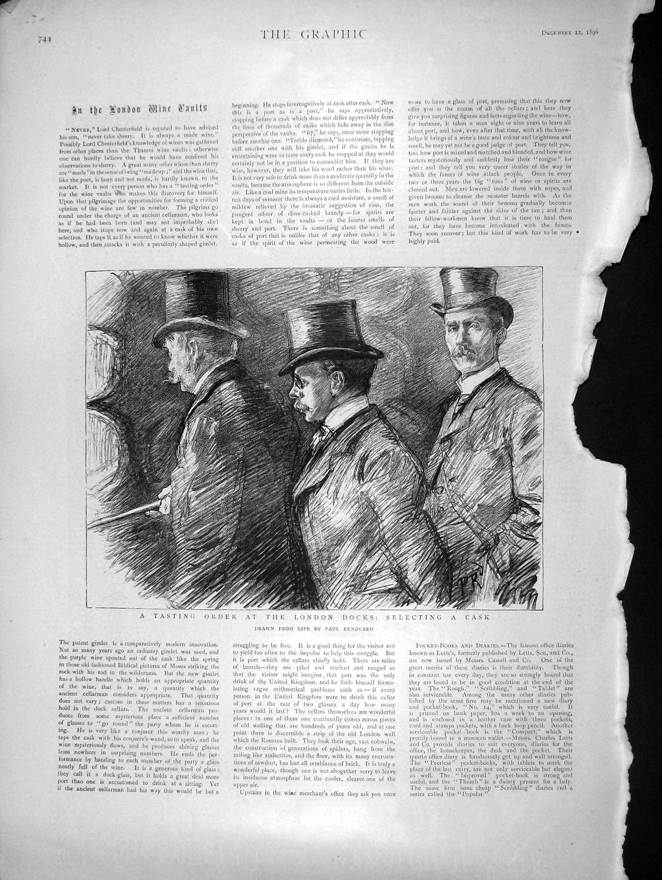 Original Old Antique Print 1896 London Docks Wine Tasting Cask Visitors Vaults