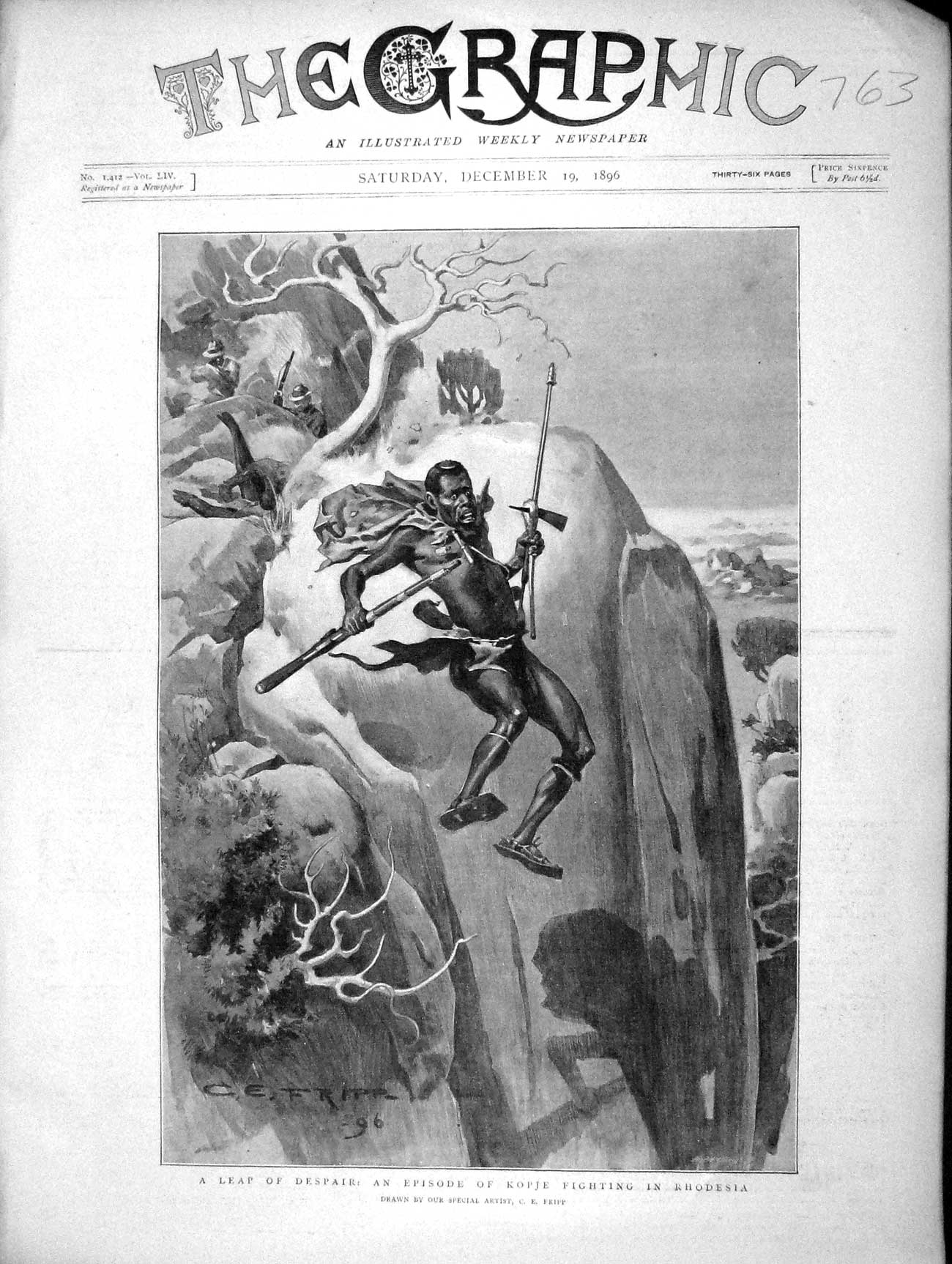 Original Old Antique Print 1896 Leap Despair Kopje Fighting Rhodesia Victorian