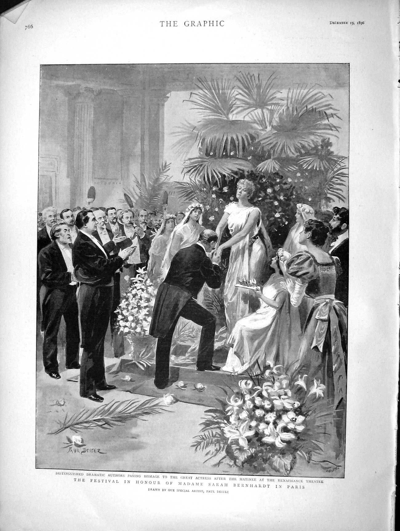 Original Old Antique Print 1896 Festival Madame Sarah Bernhardt Paris Theatre