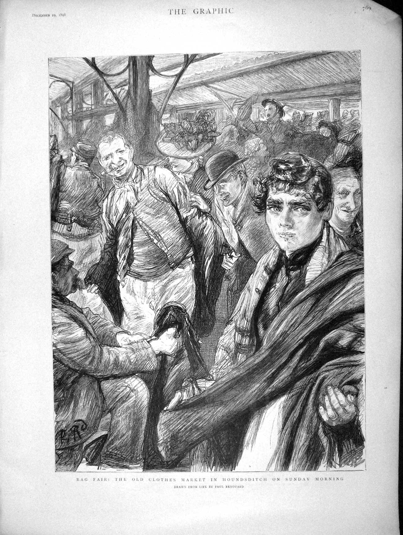 Old Antique Print 1896 Clothes Market Houndsditch D'Eyncourt Darnley Men 19th