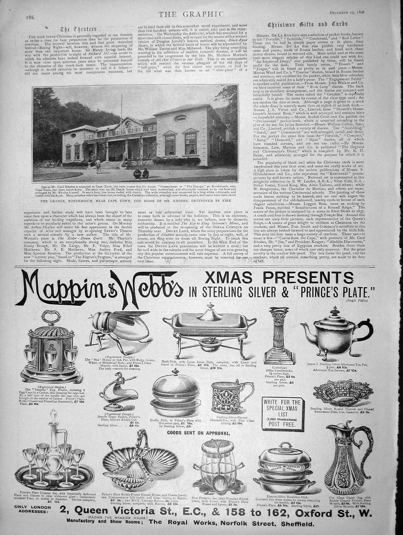 Old Antique Print 1896 Grange Rondebosch Cape Town Rhodes Africa Mappin 19th