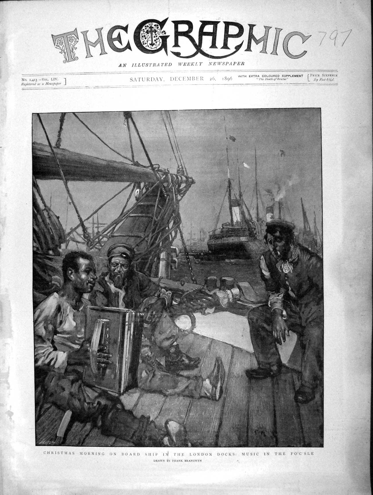Old Antique Print 1896 Christmas Morning Ship London Docks Music Focsle 19th