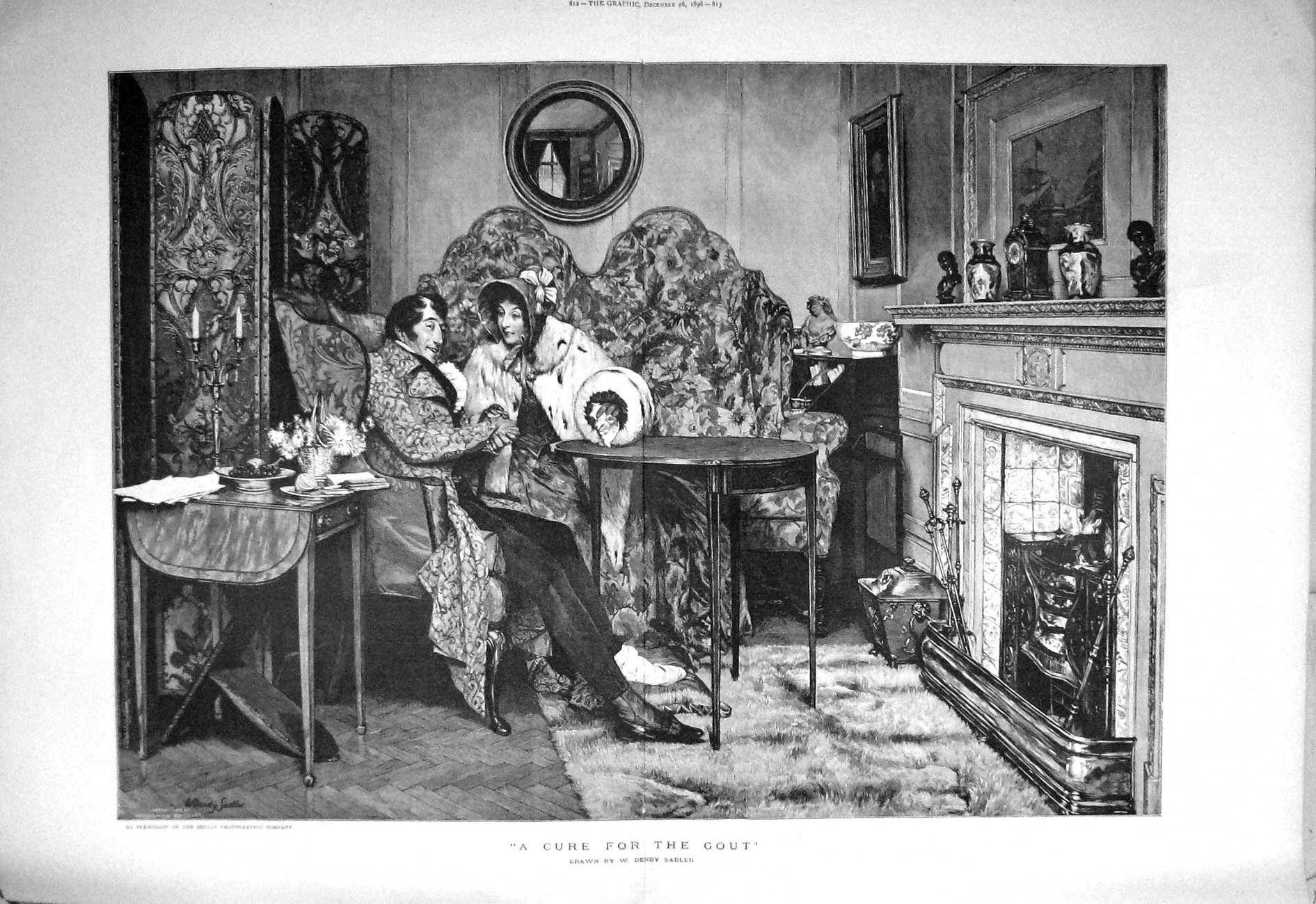 Original Old Antique Print 1896 Cure For Gout Lady Man Foot Bandaged Victorian