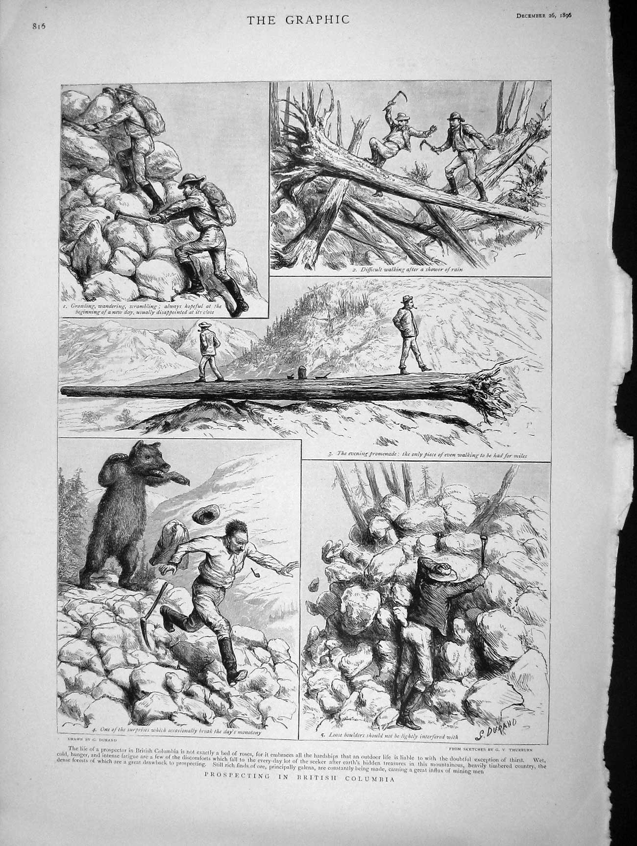 Original Old Antique Print 1896 GProspectors British Columbia Children 19th