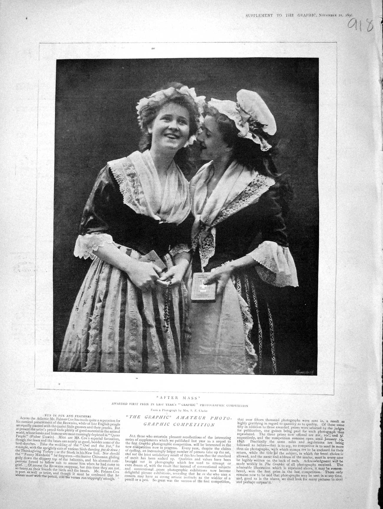 Original Old Antique Print 1896 Beautiful Girls After Mass Costumes Victorian