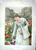 Original Old Antique Print 1896 Colour Beautiful Woman Flowers Pot-Pourri 19th