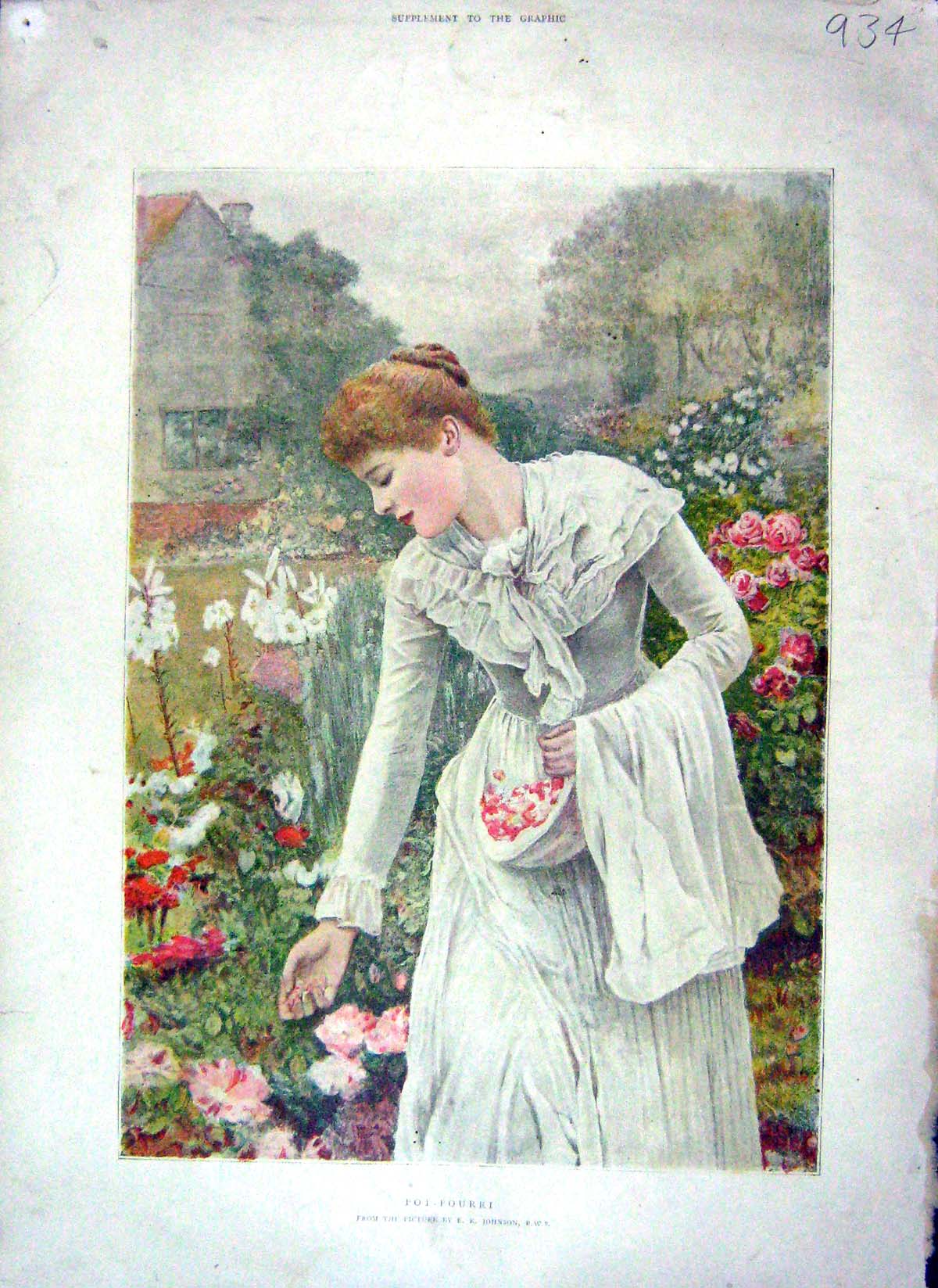 Original Old Antique Print 1896 Colour Beautiful Woman Flowers Pot-Pourri 19th