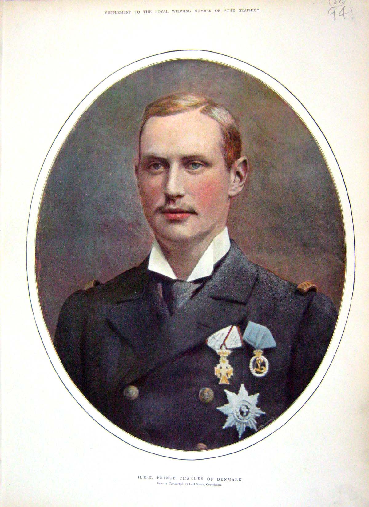 Original Old Antique Print 1896 Colour Portrait H.R.H. Prince Charles Denmark