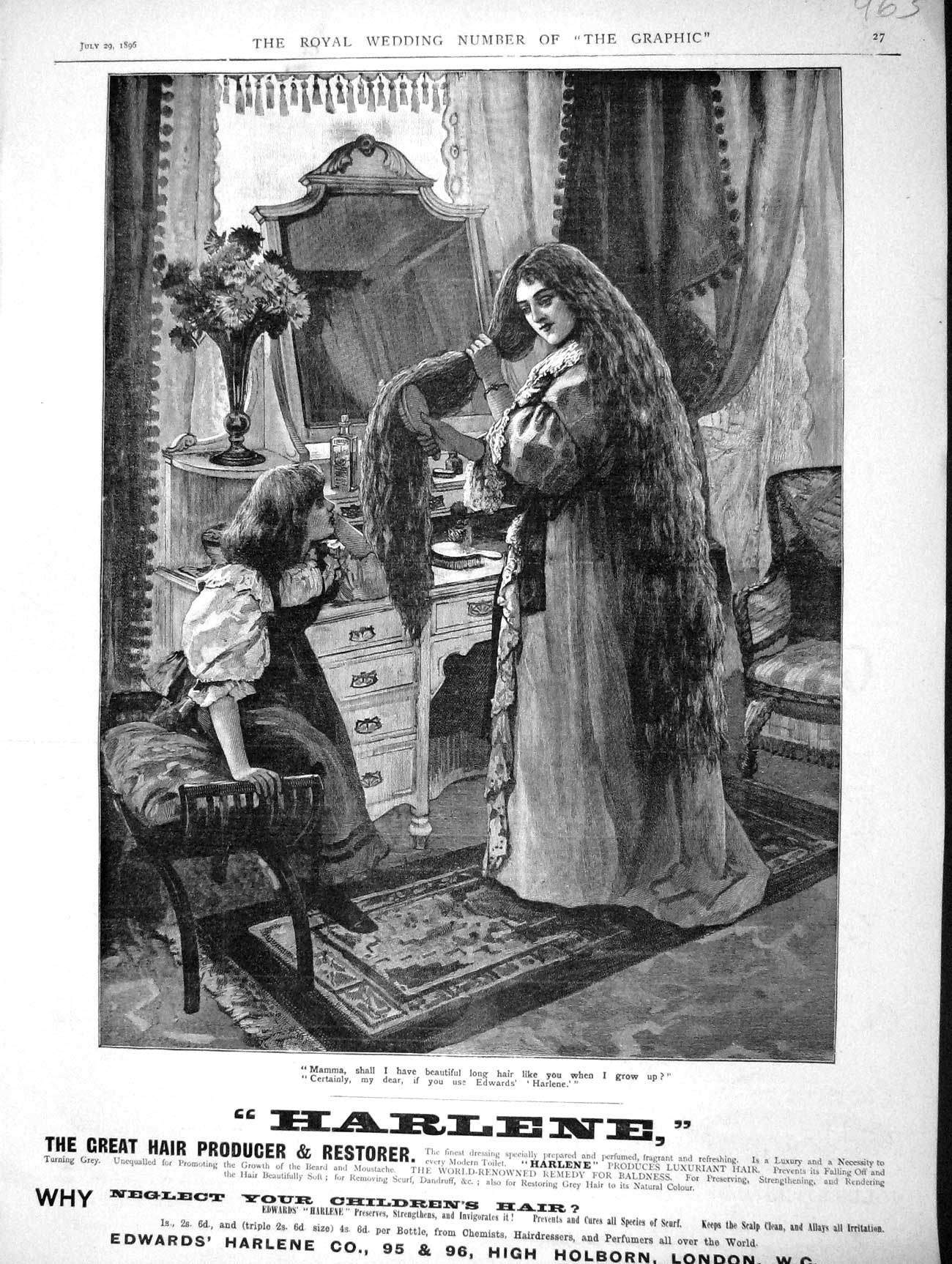 Original Old Antique Print 1896 Advertisement Harlene Hair Restorer Producer