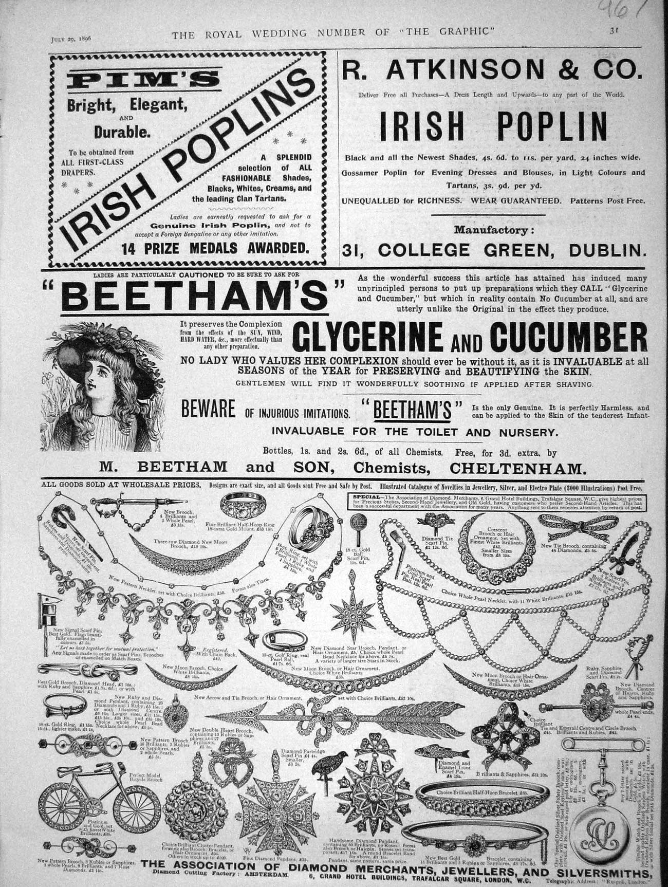 Original Old Antique Print 1896 Advertisement Beethams Glycerine Diamond Poplin