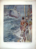Original Old Antique Print 1896 Colour Illustrating Rudyard Kipling Ship 19th