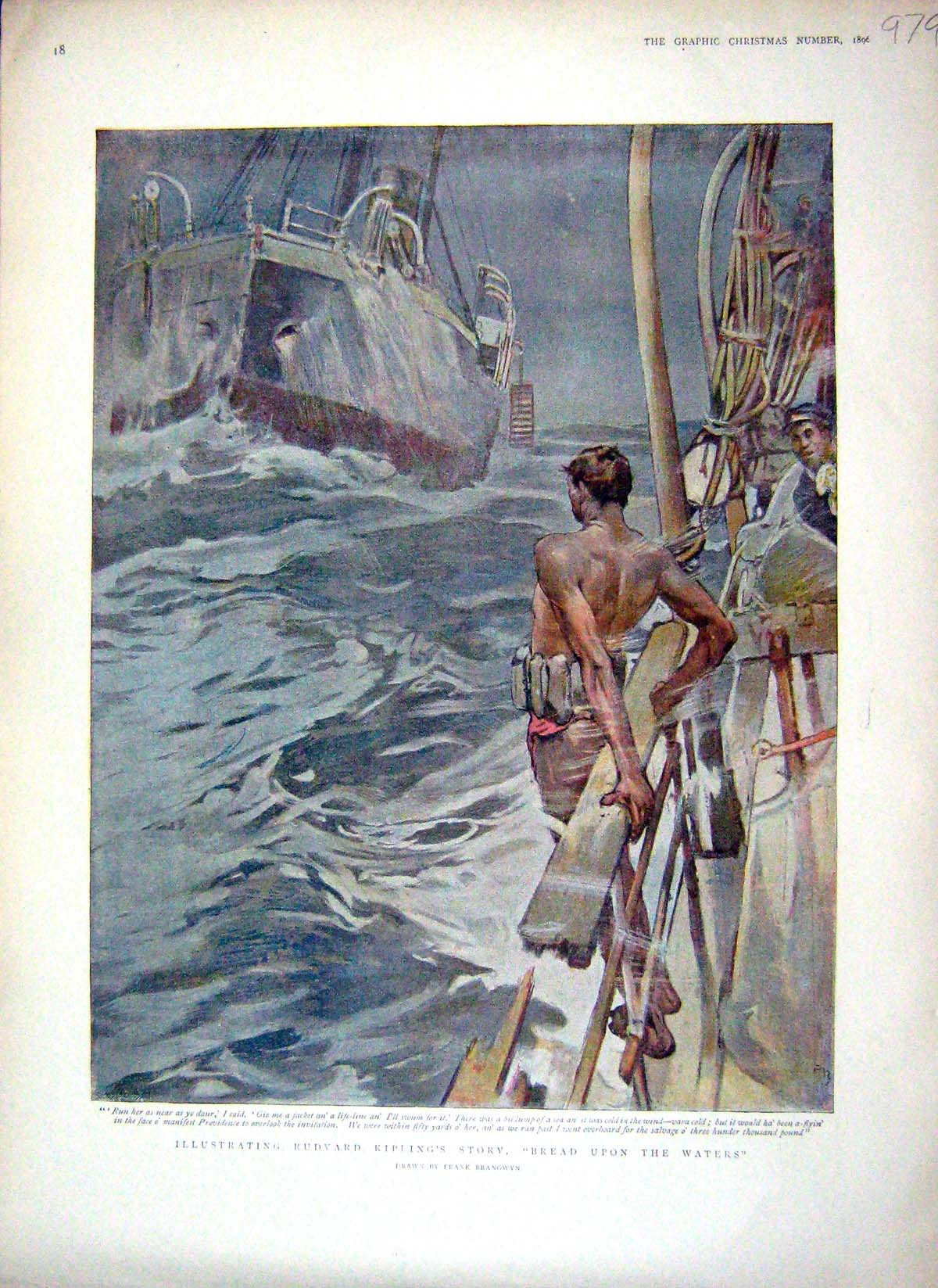Original Old Antique Print 1896 Colour Illustrating Rudyard Kipling Ship 19th