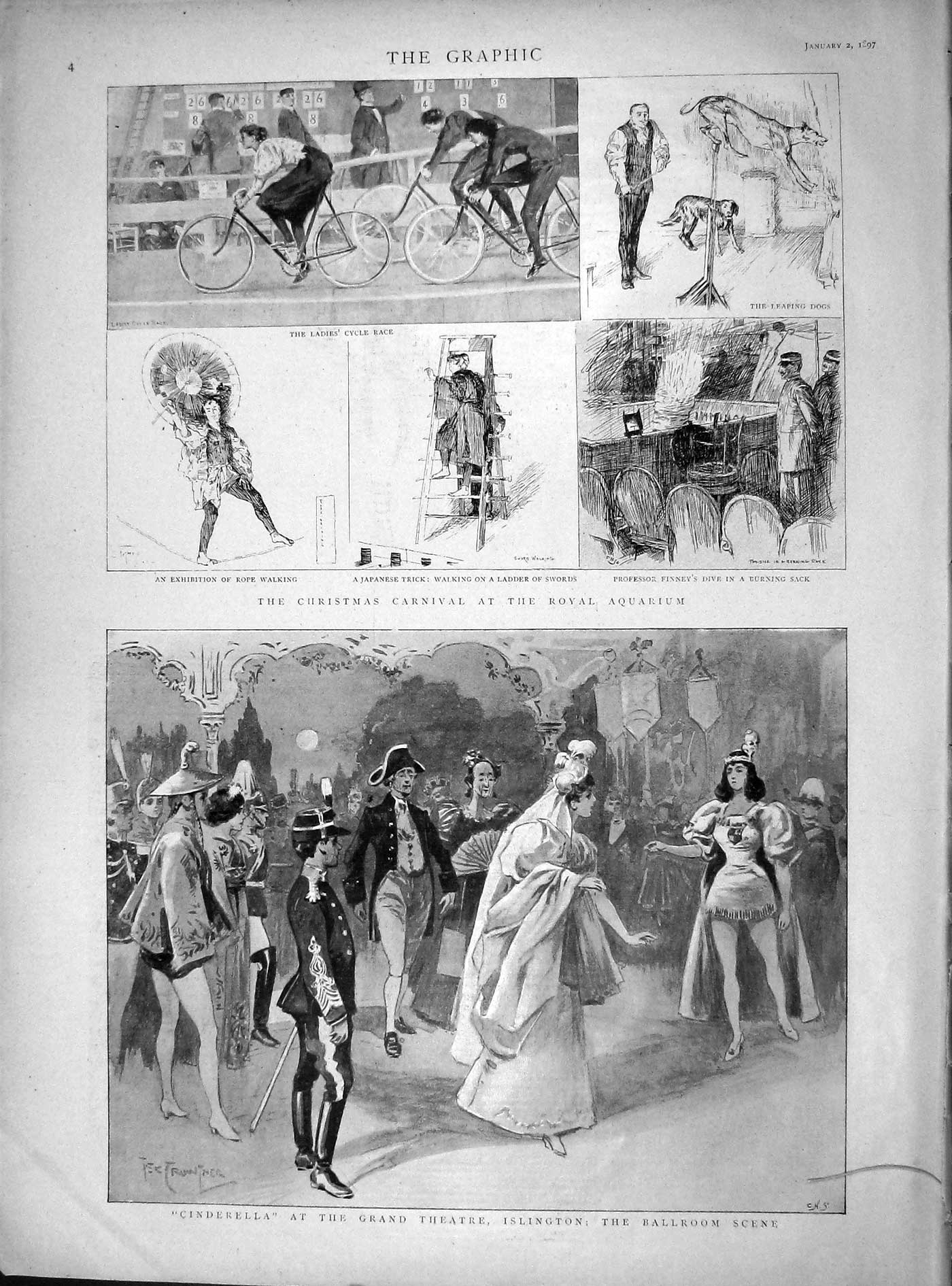 Original Old Antique Print 1897 Cinderella Theatre Islington Carnival Aquarium