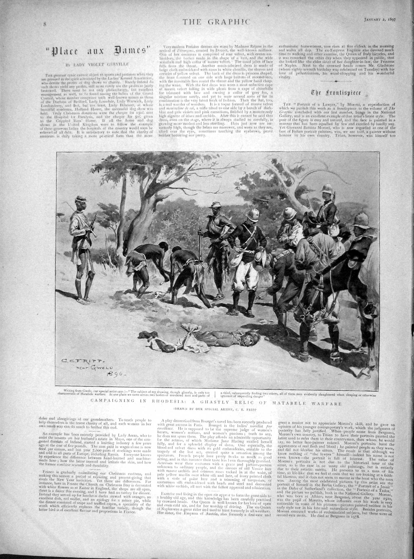 Original Old Antique Print 1897 Rhodesia Matabele Warfare Dead Body Man War