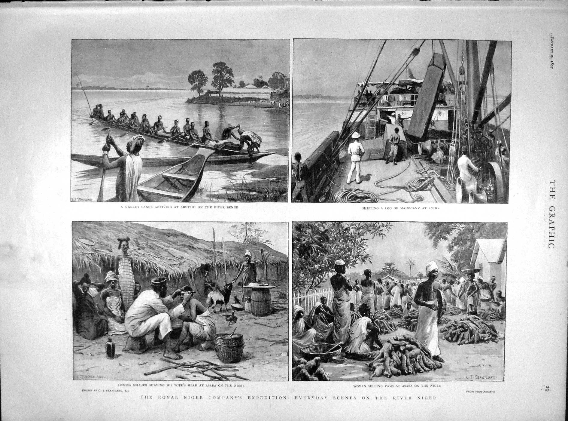 Old Antique Print 1897 River Niger Canoe River Benue Ship Axim Asaba Yams 19th