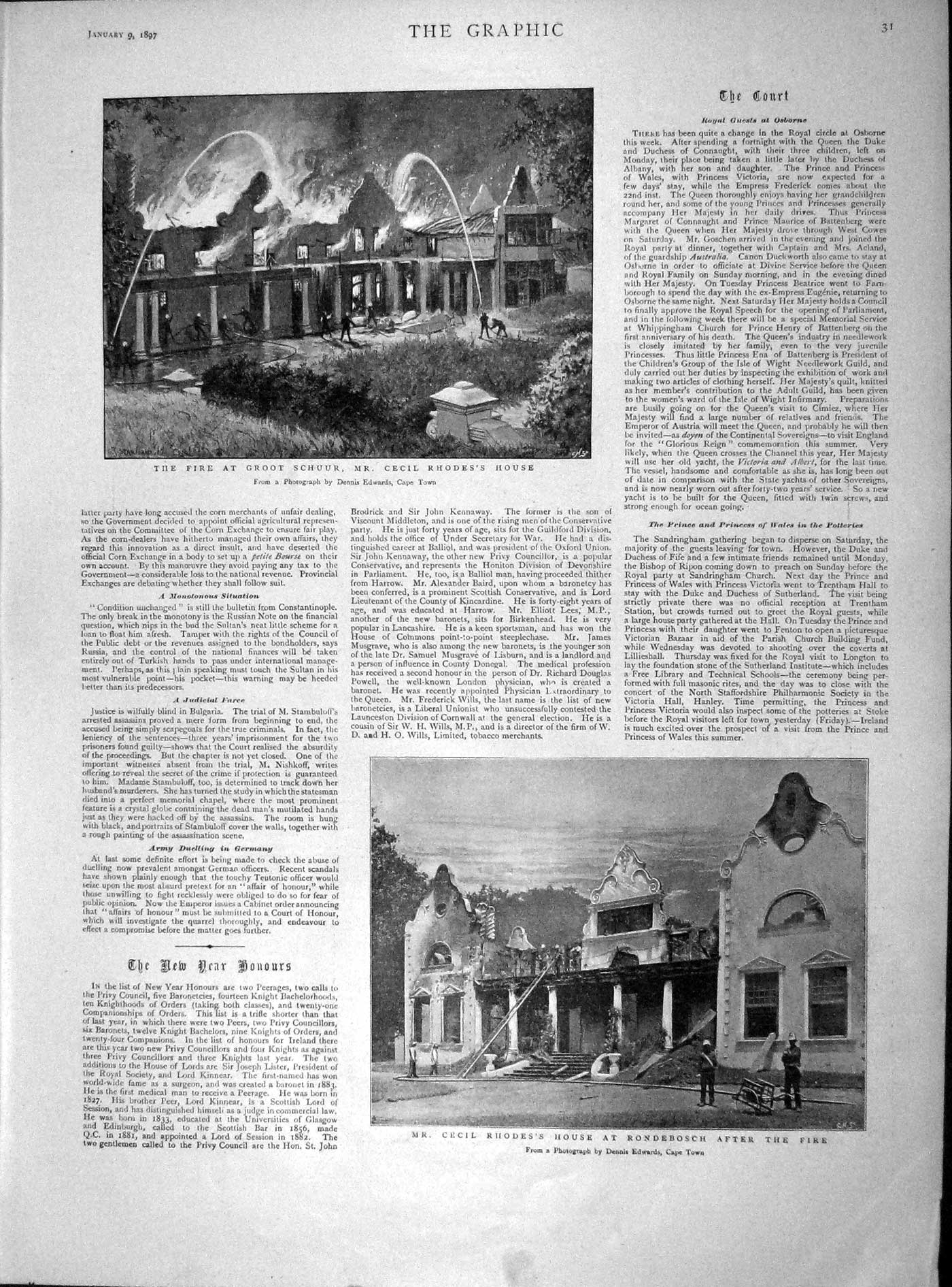 Original Old Antique Print 1897 Fire Groot-Schuur Cecil Rhodes Rondebosch 19th