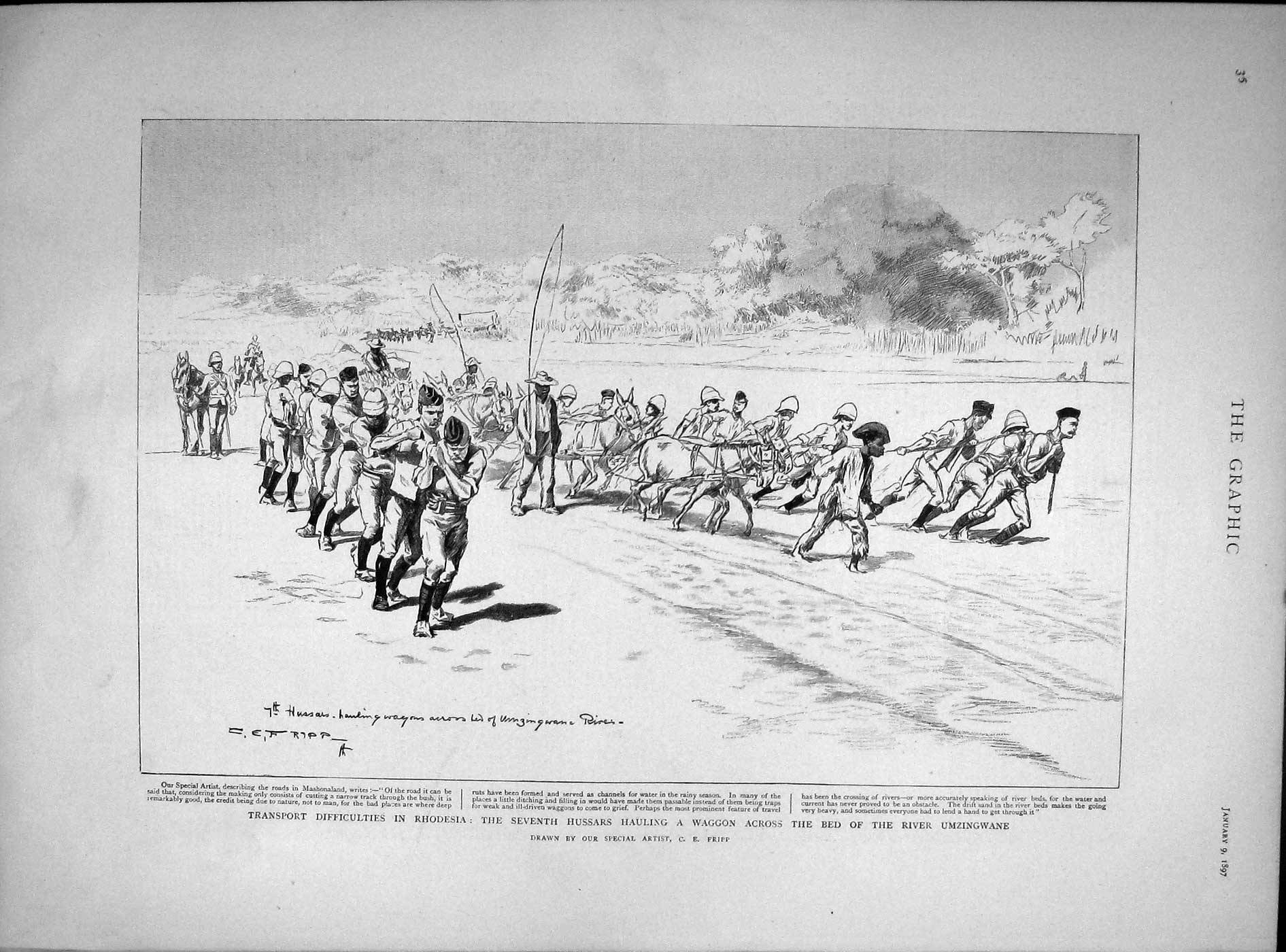 Original Old Antique Print 1897 Transport Rhodesia Hussars Waggon Umzingwane