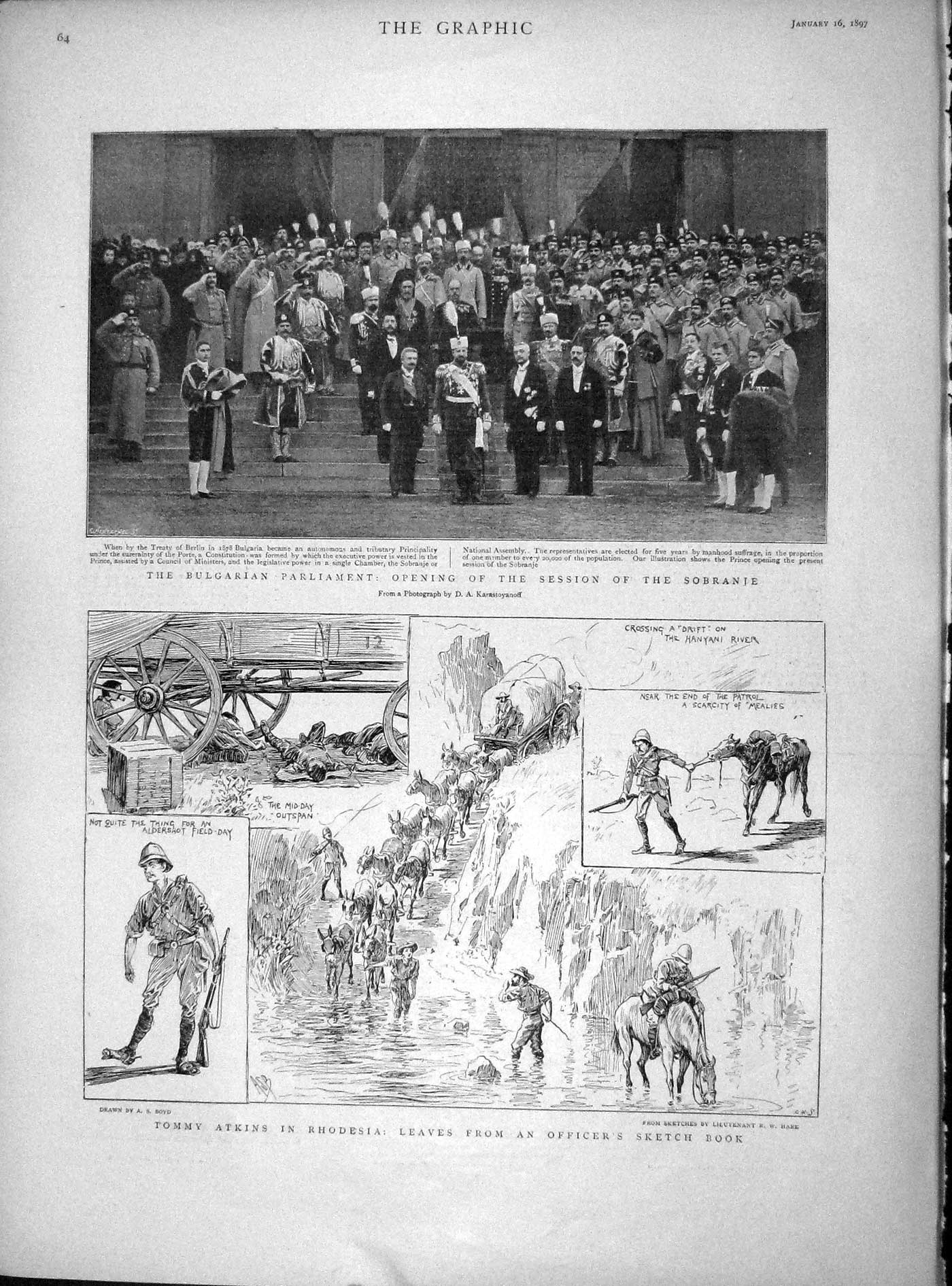 Original Old Antique Print 1897 Tommy Atkins Rhodesia Bulgarian Parliament 19th