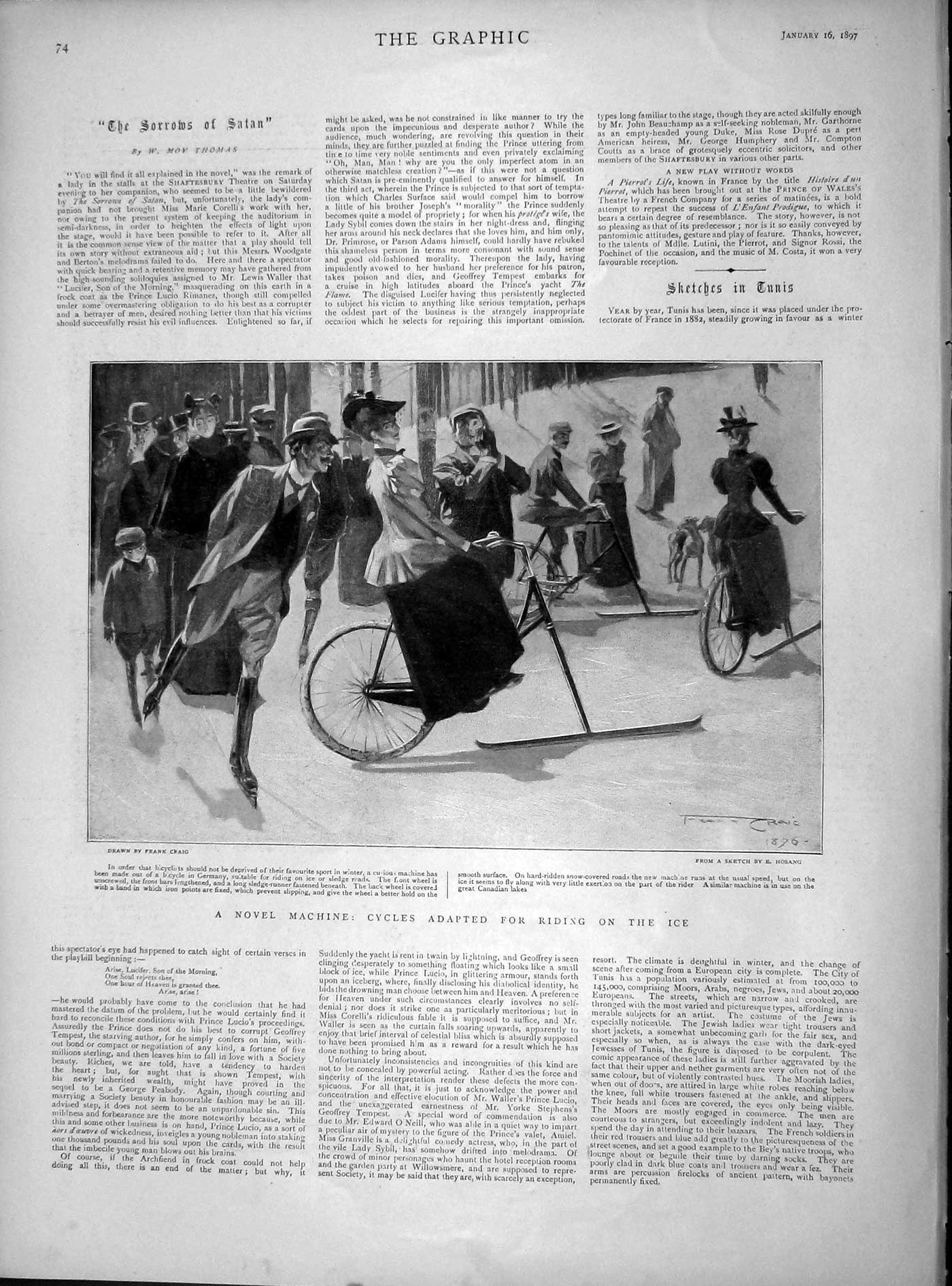 Old Antique Print 1897 Cycles Riding Ice Winter Amusement Lady Portrait 19th