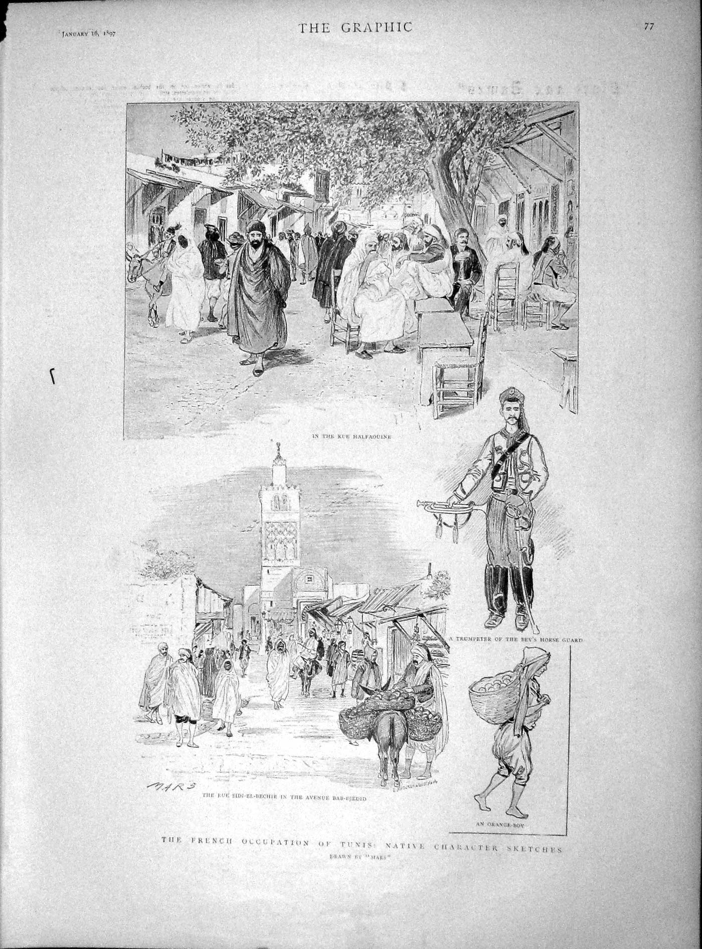 Old Antique Print 1897 Tunis Rue Sidi-El-Bechir Bab-Djedid Halfaouine War 19th