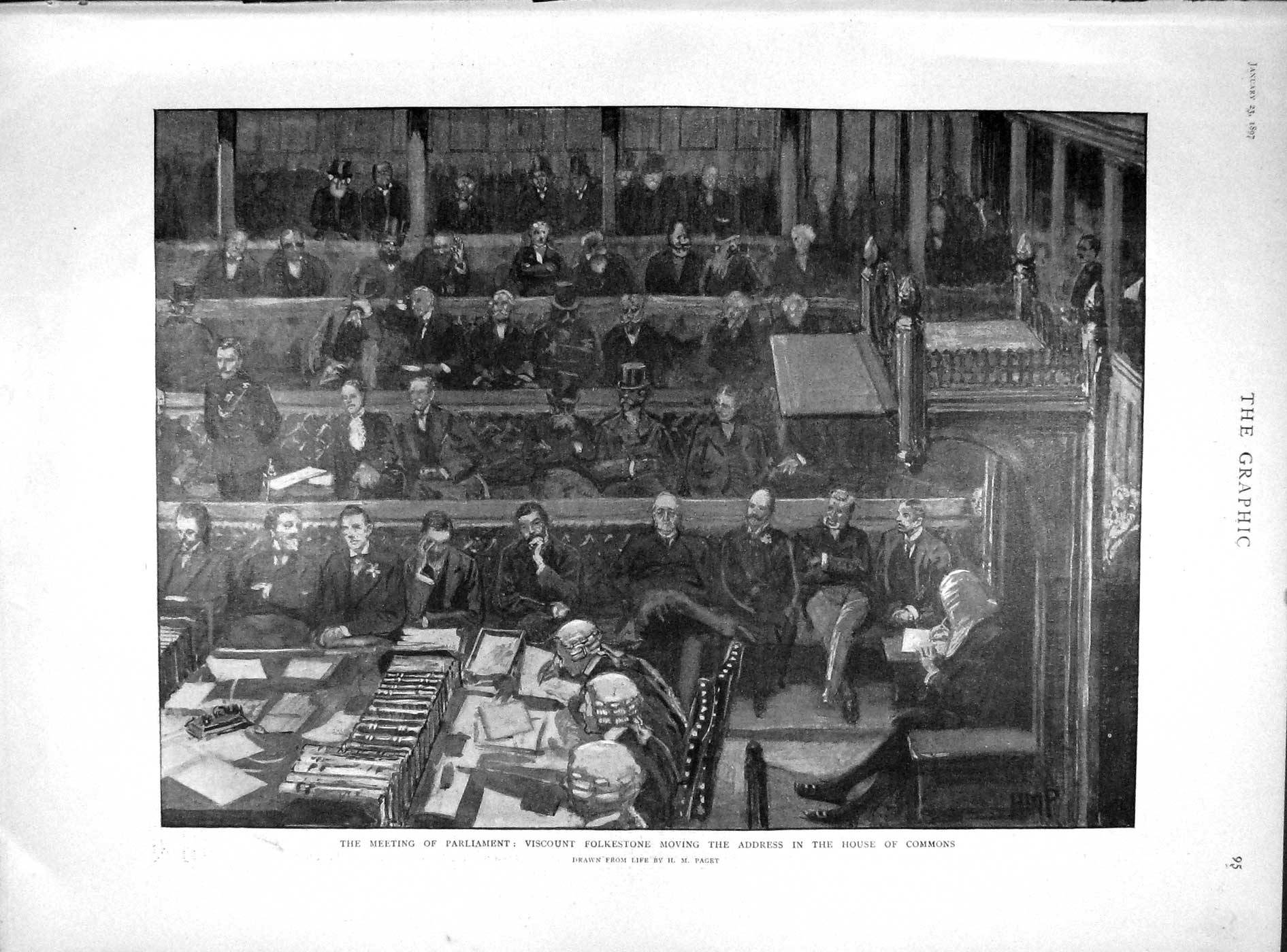 Old Antique Print 1897 Parliament Folkestone House Commons French Chamber 19th