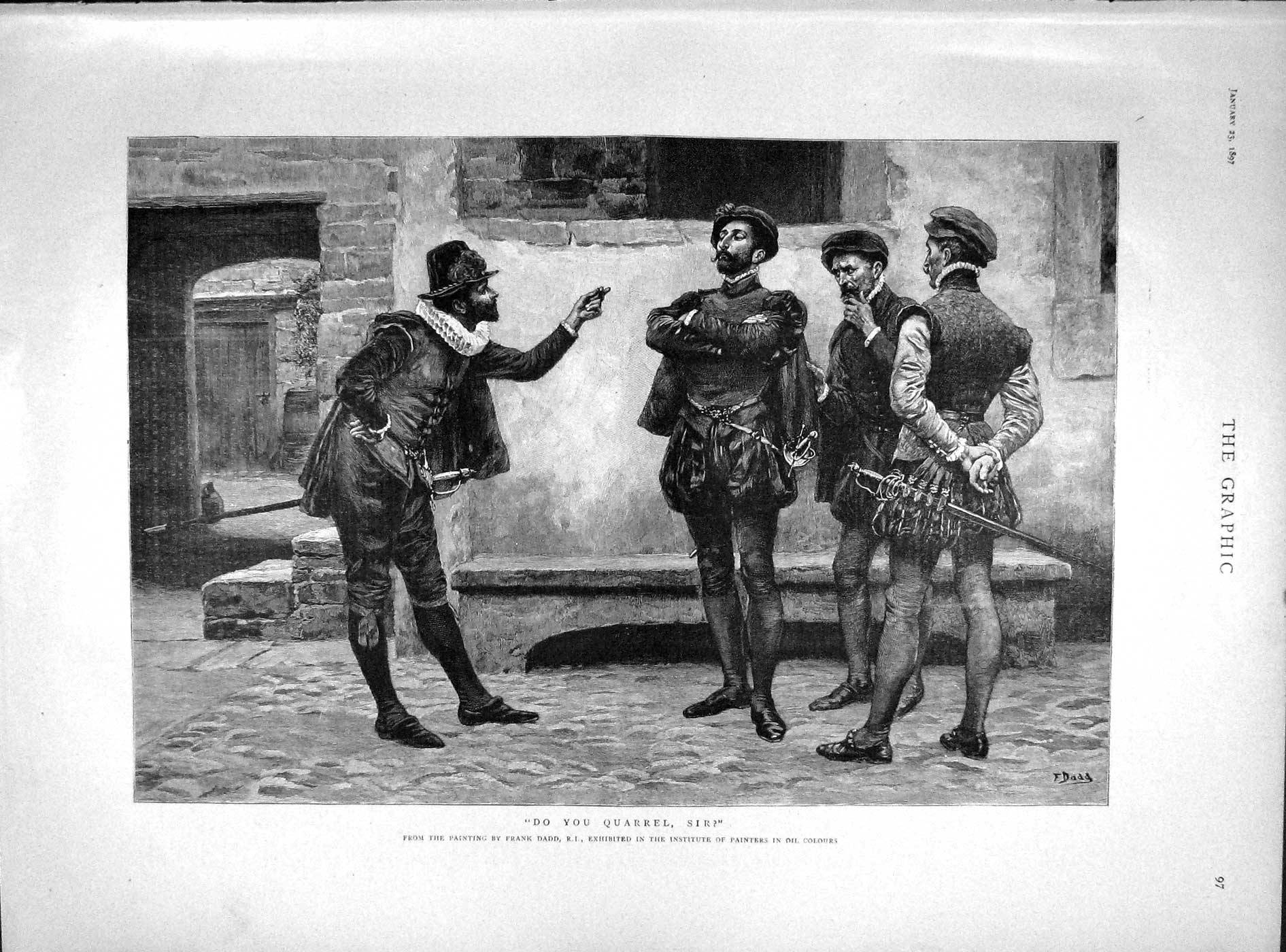 Original Old Antique Print 1897 Scene Do You Quarrel Sir Men Costumes Swords
