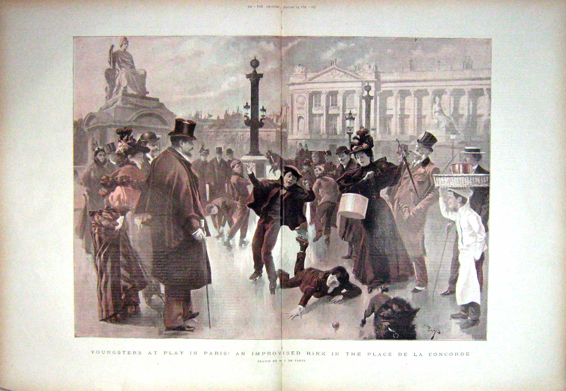 Original Old Antique Print 1897 Children Paris Ice Rink Skating Place Concorde