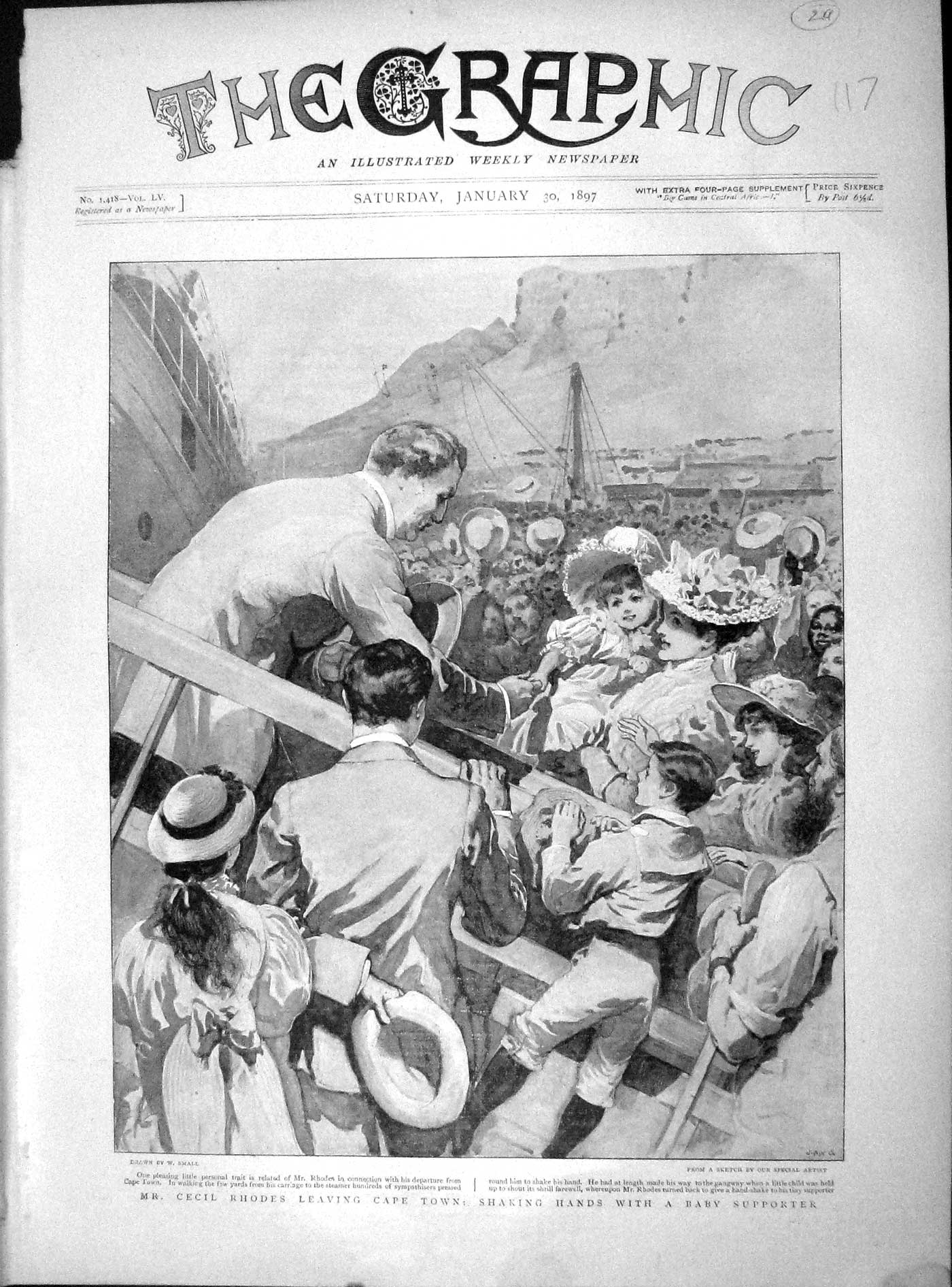 Old Antique Print 1897 Mr Cecil Rhodes Cape Town Scene Shaking Hands Baby 19th