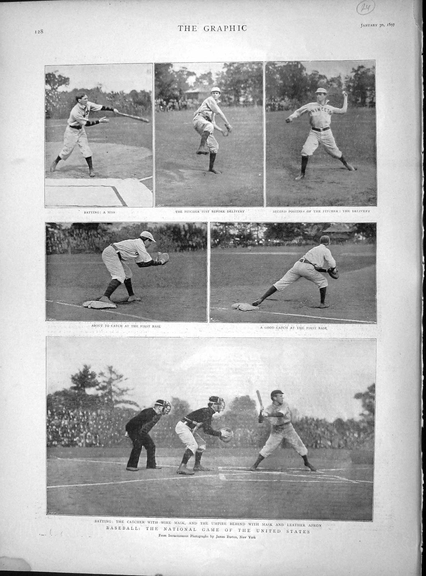 Original Old Antique Print 1897 Baseball National Game Sport America Catcher