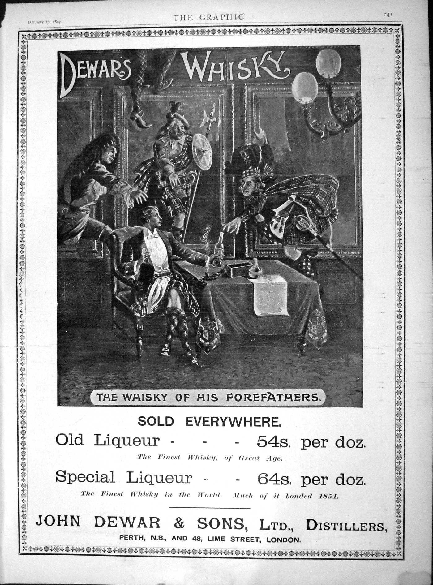 Original Old Antique Print 1897 Advertisement John Dewars Whisky Perth London