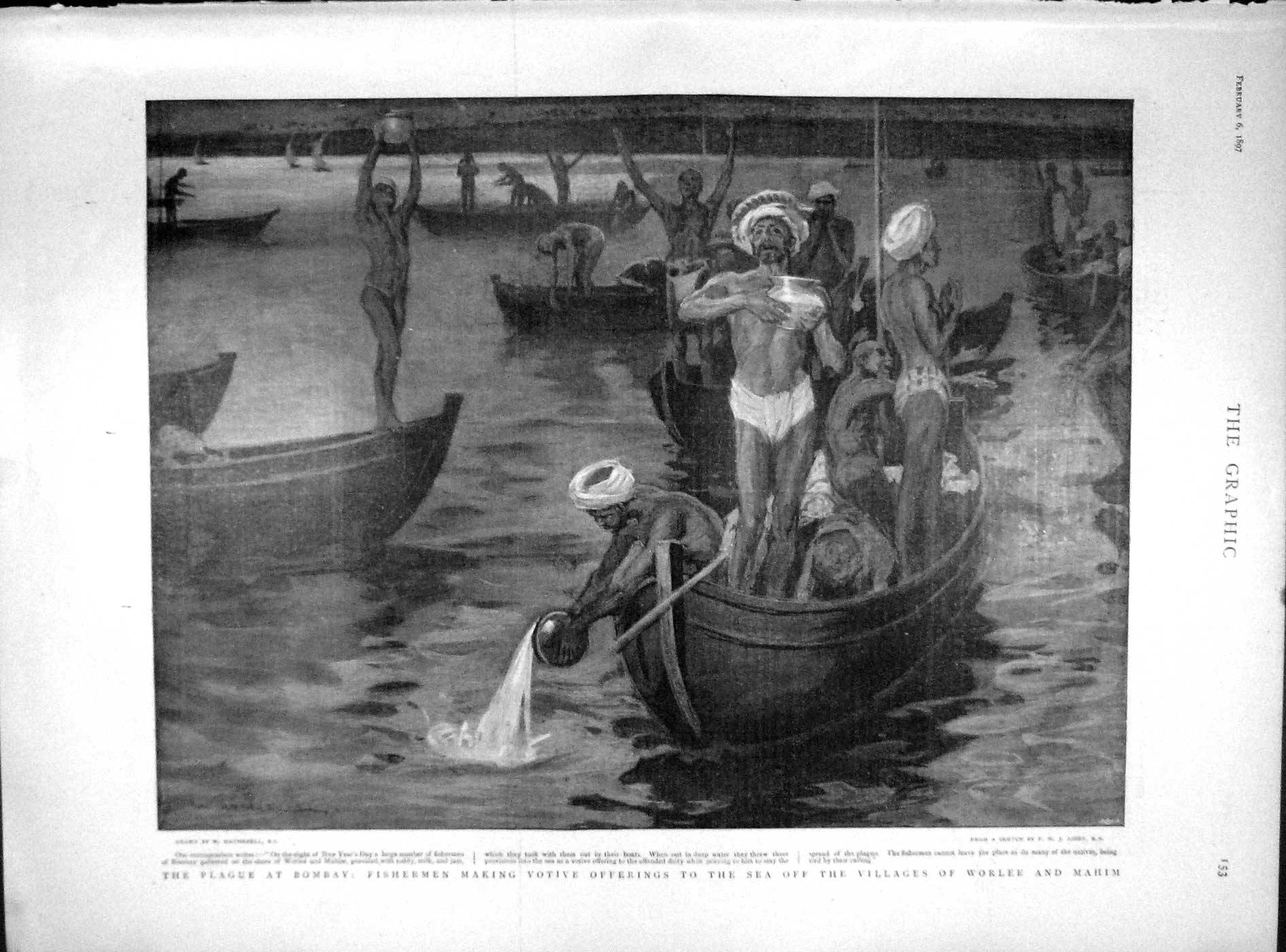 Original Old Antique Print 1897 Plague Bombay Fishermen Boats Worlee Mahim 19th