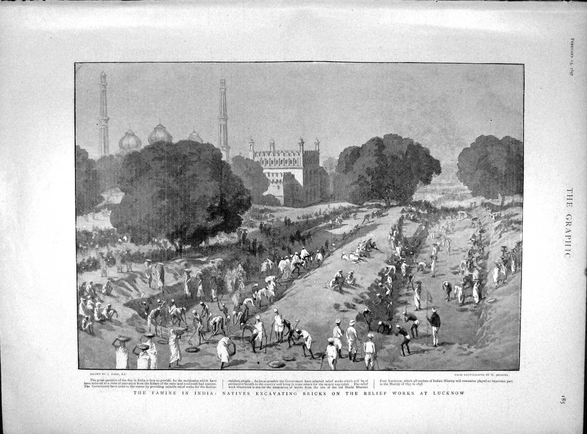 Old Antique Print 1897 Famine India Natives Bricks Lucknow Woods Bolton 19th