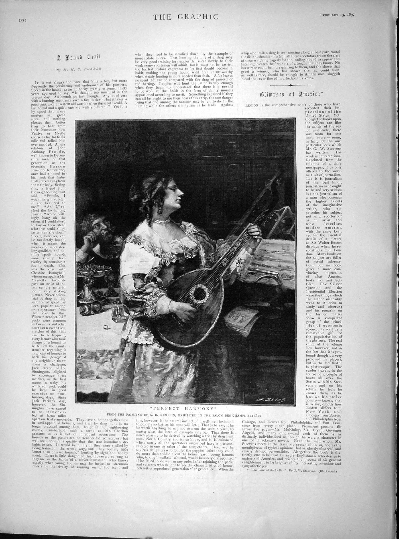 Original Old Antique Print 1897 Portrait Beautiful Girl Music Perfect Harmony