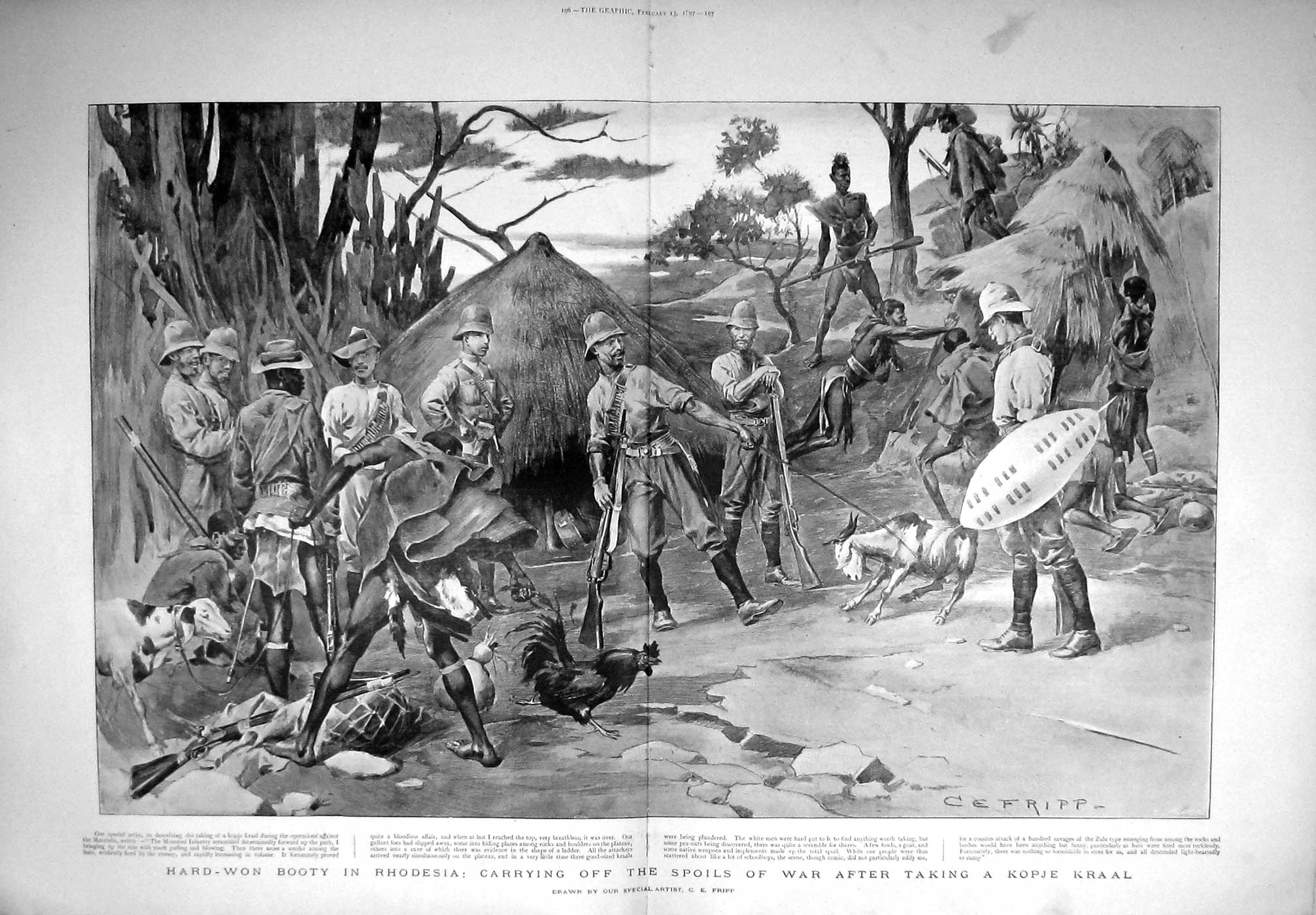 Original Old Antique Print 1897 Booty Rhodesia Siers Spoils War Kopje Kraal