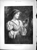 Original Old Antique Print 1897 Portrait Love Token Beautiful Lady Flower 19th