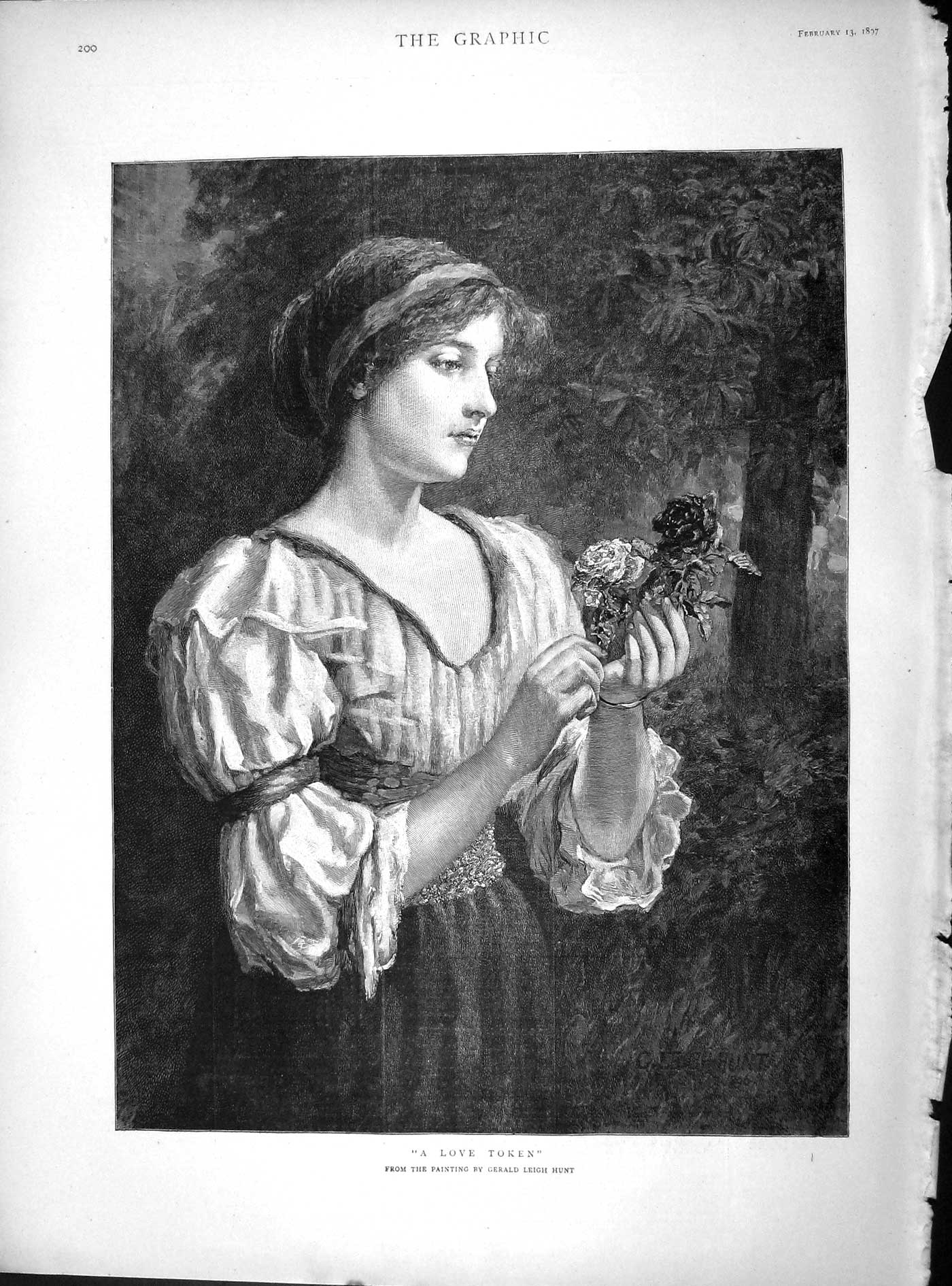 Original Old Antique Print 1897 Portrait Love Token Beautiful Lady Flower 19th